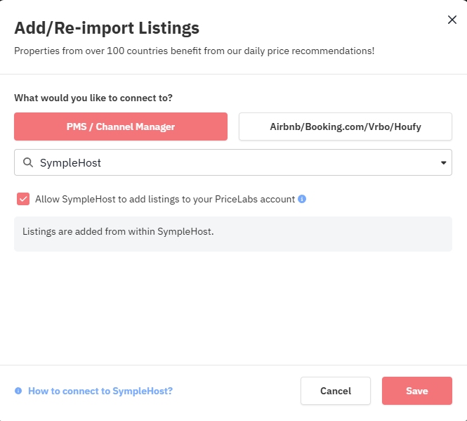 PriceLabs connection settings with SympleHost selected and the option enabled to allow SympleHost to add listings to PriceLabs