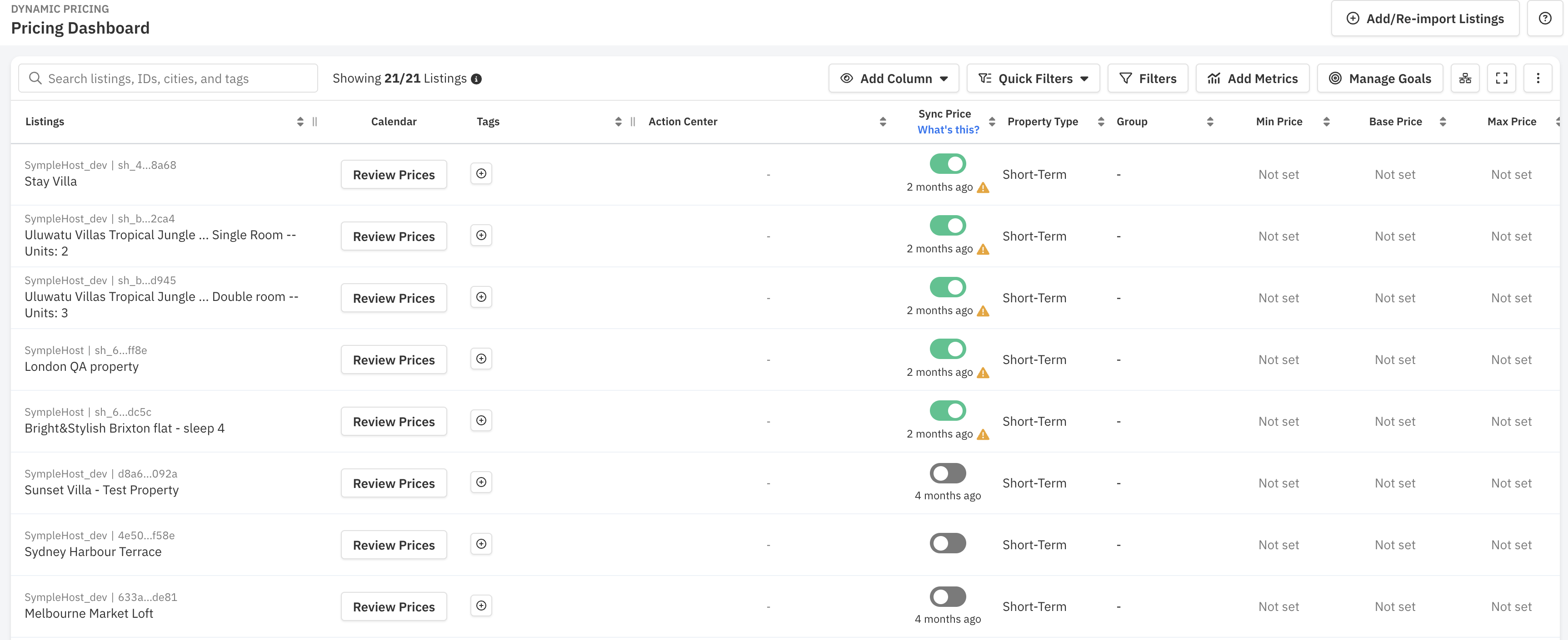 PriceLabs Pricing Dashboard showing the Sync Price toggle for each imported SympleHost listing