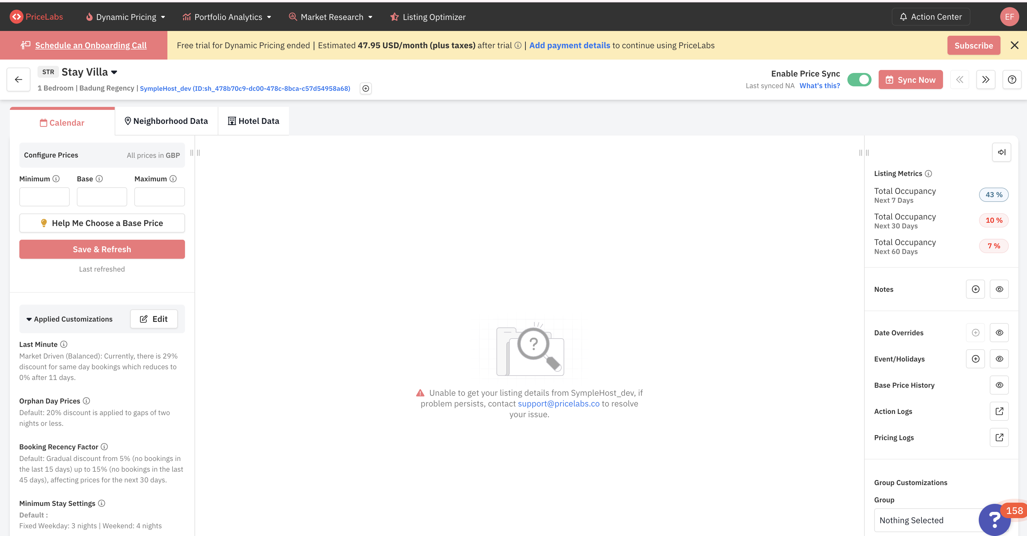 PriceLabs listing page showing Enable Price Sync and Sync Now controls for an individual SympleHost listing