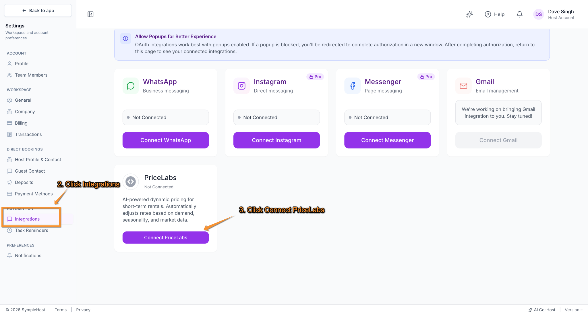 SympleHost Integrations page showing the PriceLabs card and Connect PriceLabs button