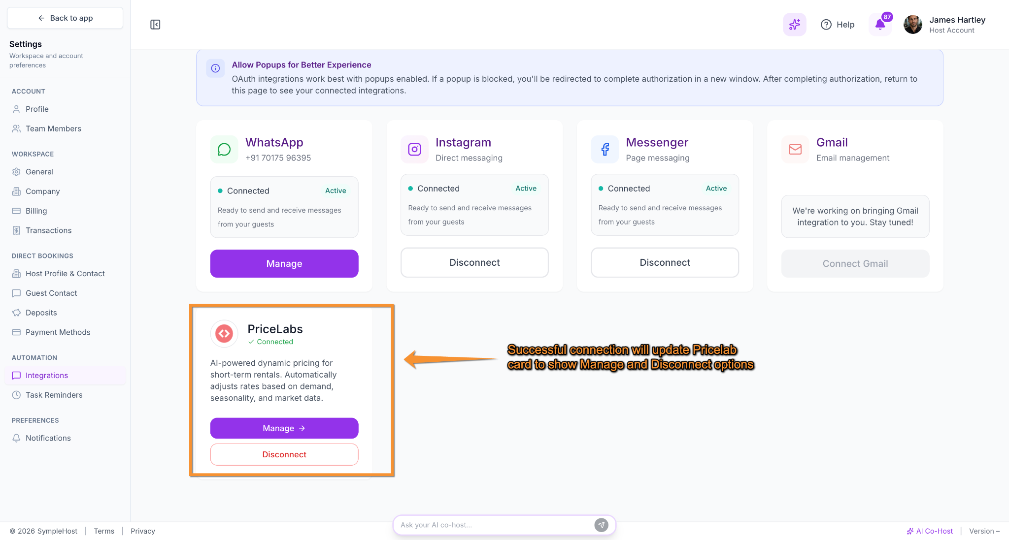 Connected PriceLabs integration card showing the Manage button