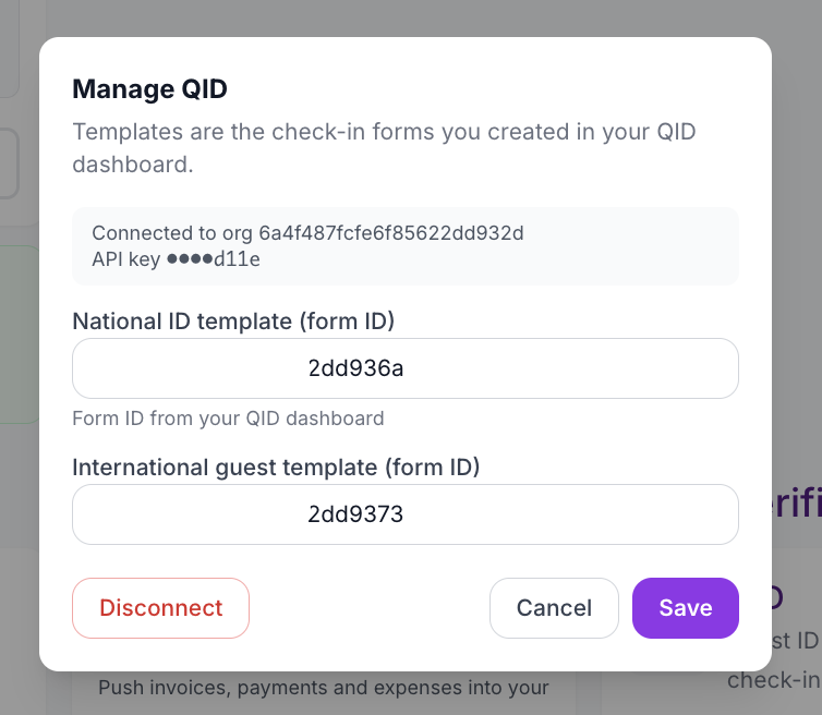 Manage QID modal showing connected organisation, masked API key, national ID template form ID, and international guest template form ID