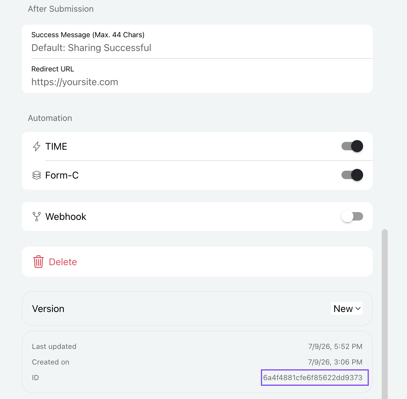 QID form detail screen showing the form ID at the bottom of the form settings