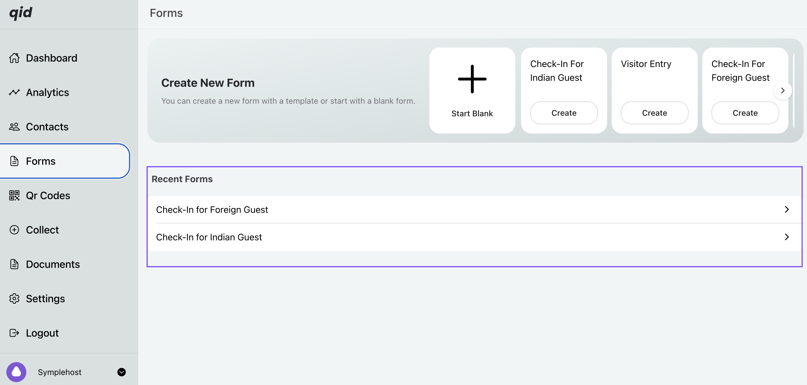 QID Forms page showing recent check-in forms for foreign guests and Indian guests