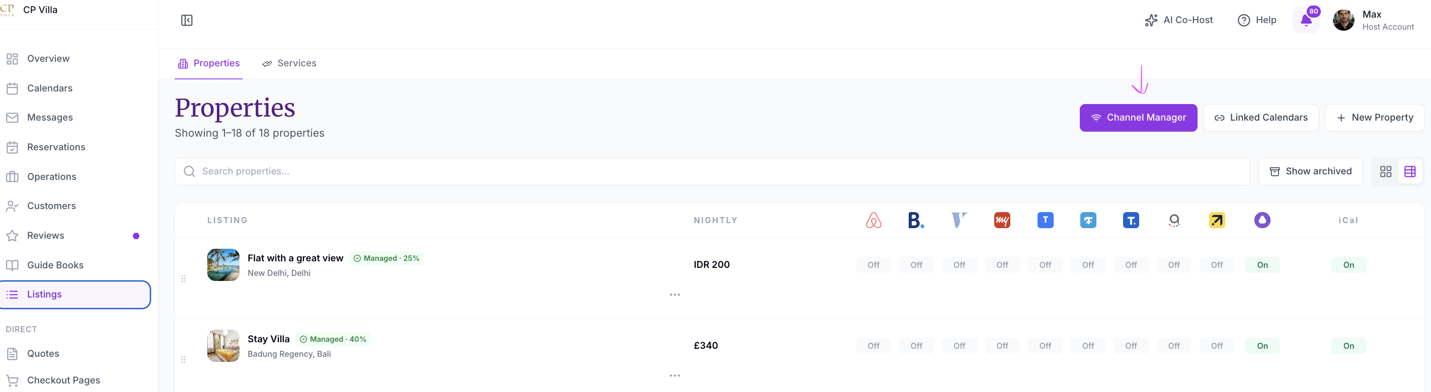 Listings Properties page with an arrow pointing to the Channel Manager button, next to Linked Calendars and New Property