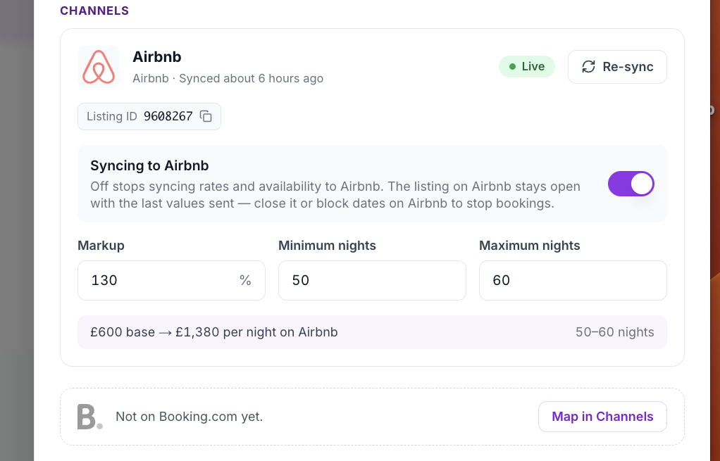 Listing panel CHANNELS section showing the Airbnb card with Markup set to 130 percent, Minimum nights 50, Maximum nights 60, the preview line "£600 base → £1,380 per night on Airbnb", and "Not on Booking.com yet." with a Map in Channels button