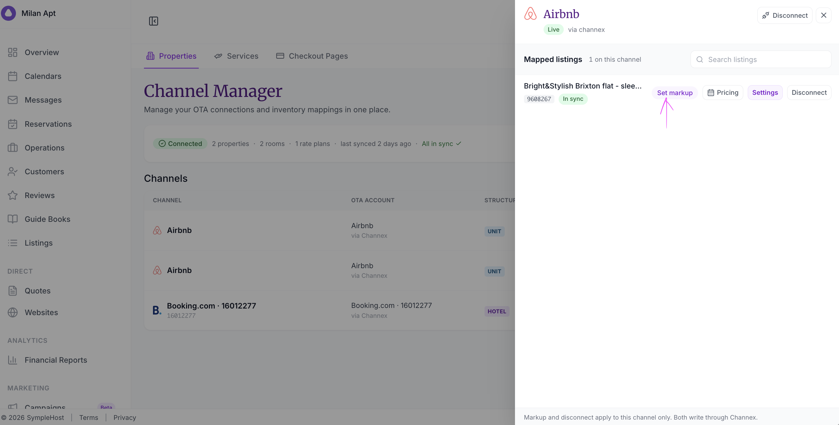Channel Manager with the Airbnb connection panel open and an arrow pointing to Set markup beside a mapped listing