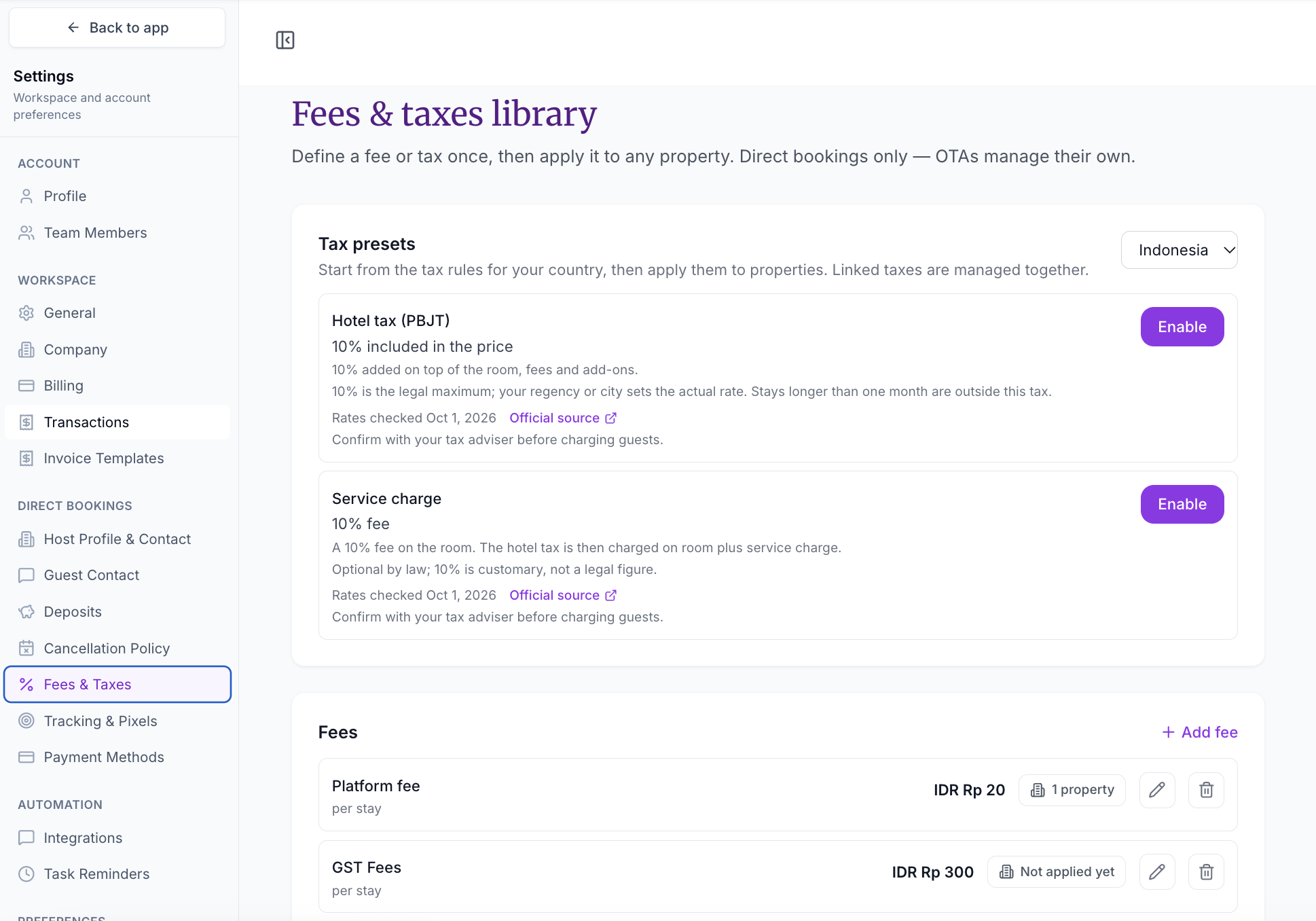 Settings page with Fees & Taxes selected under DIRECT BOOKINGS in the left menu, showing the Fees & taxes library with the Tax presets card for Indonesia and the start of the Fees card