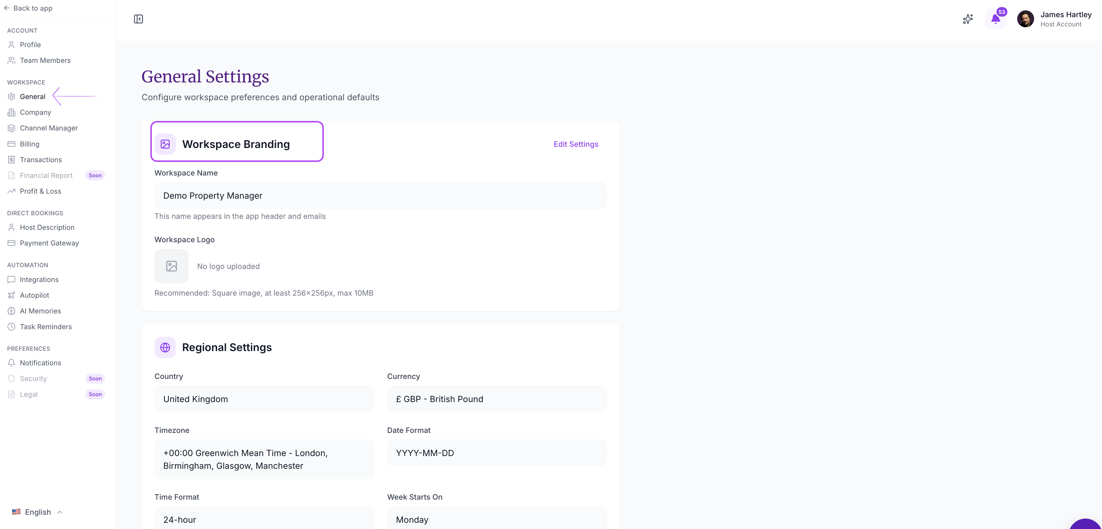 The Workspace Branding section in edit mode, showing the name field and logo upload area