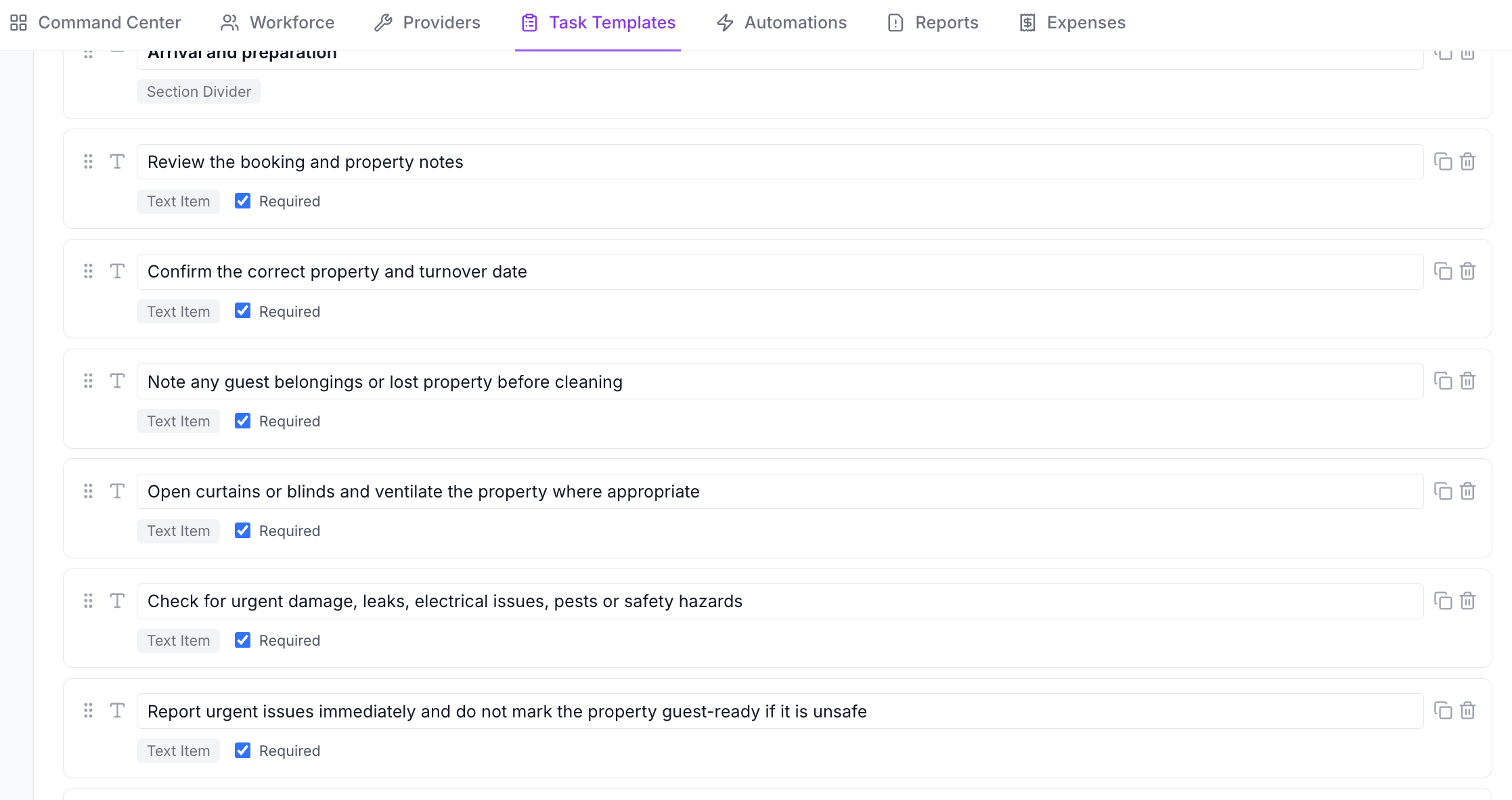 Task Template editor showing drag handles plus copy and delete controls on each checklist row