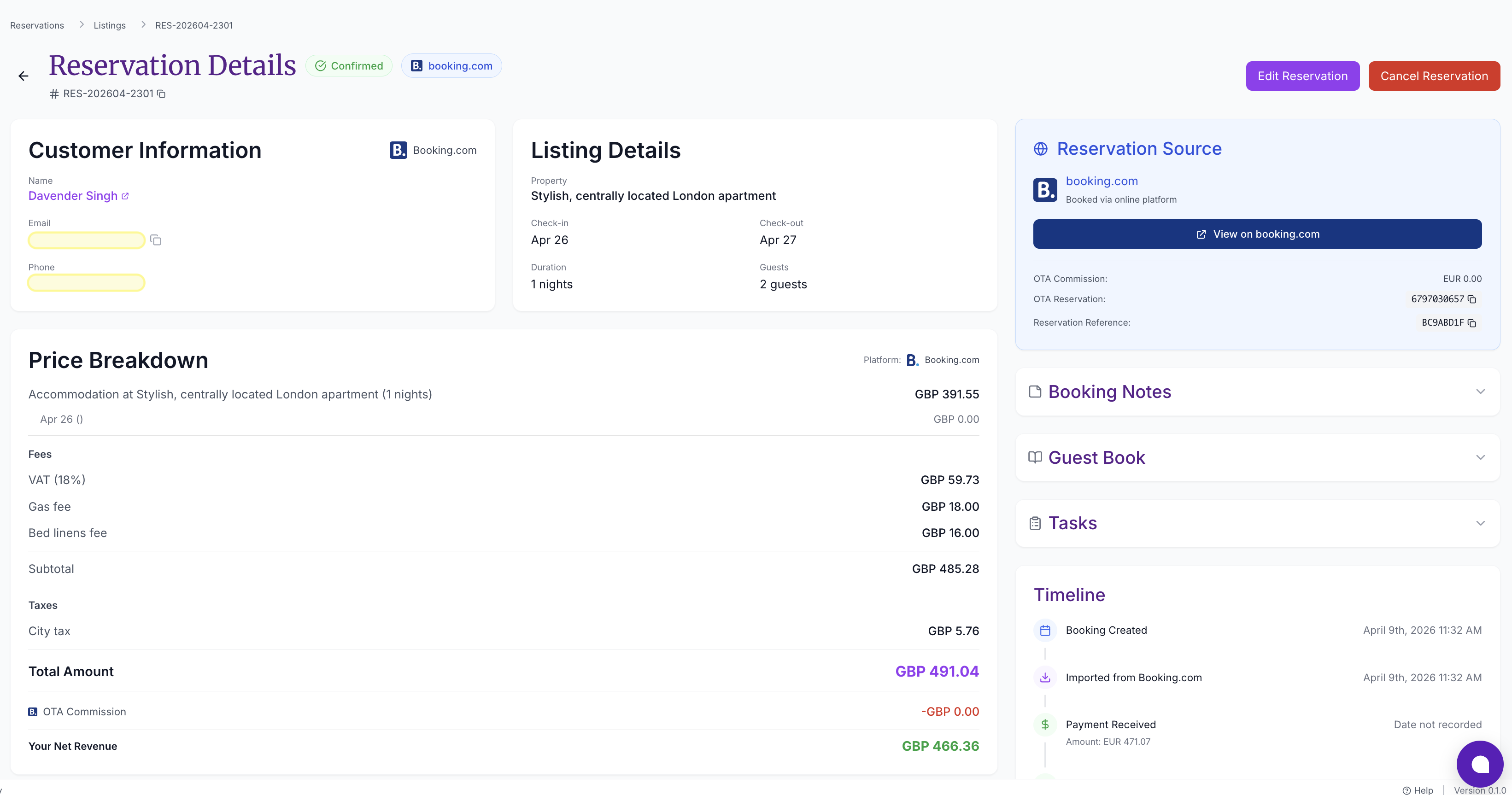 The Reservation Details page — header with status and channel badges, Customer Information, Listing Details, Reservation Source, Price Breakdown, and action buttons top-right