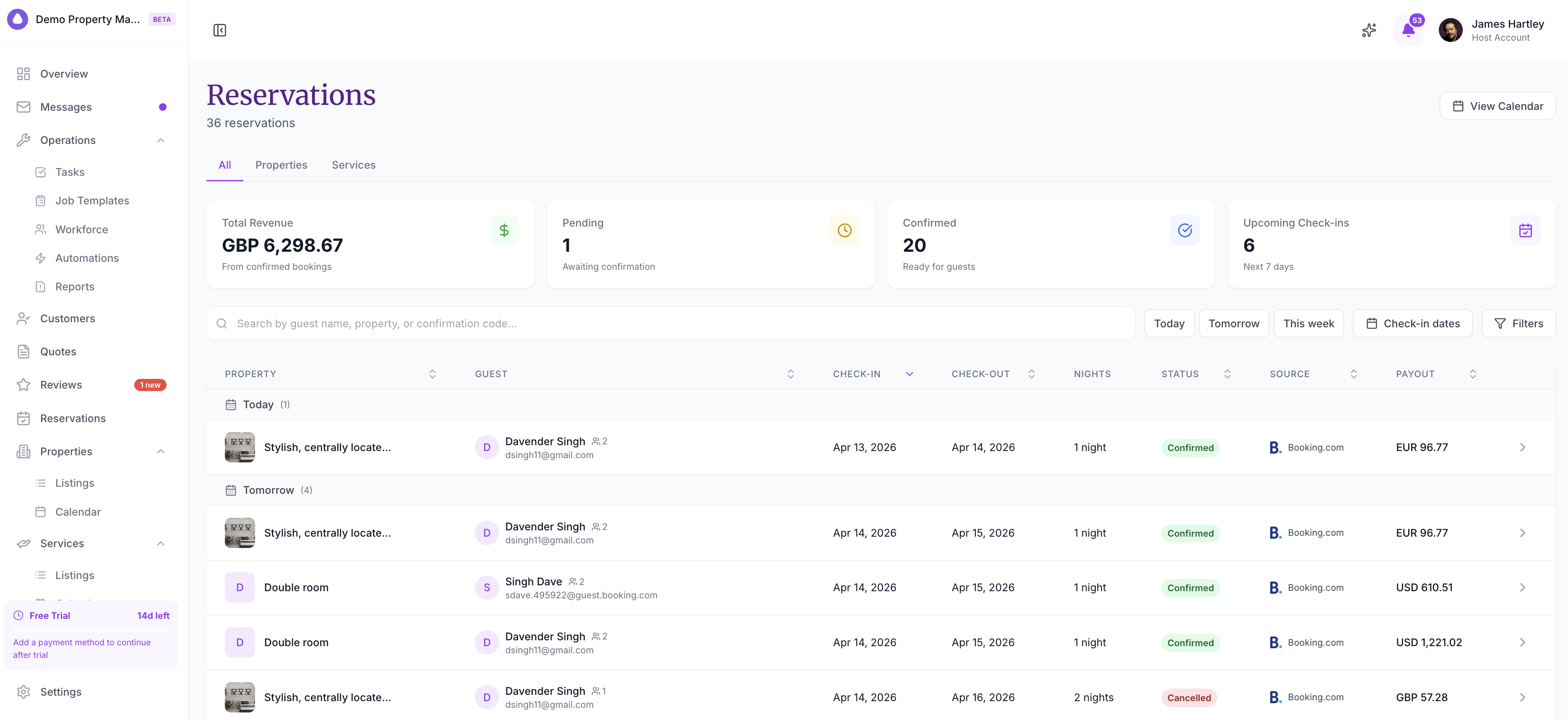 The Reservations list showing KPIs, filters, and all bookings across properties