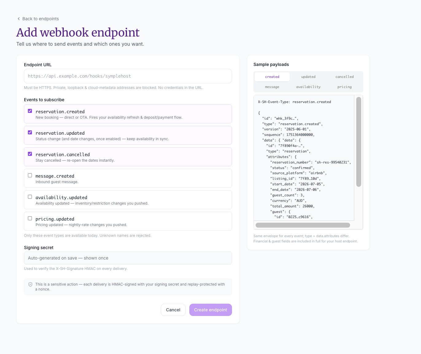Add webhook endpoint page showing the HTTPS URL, event subscriptions, signing-secret notice, and sample payloads