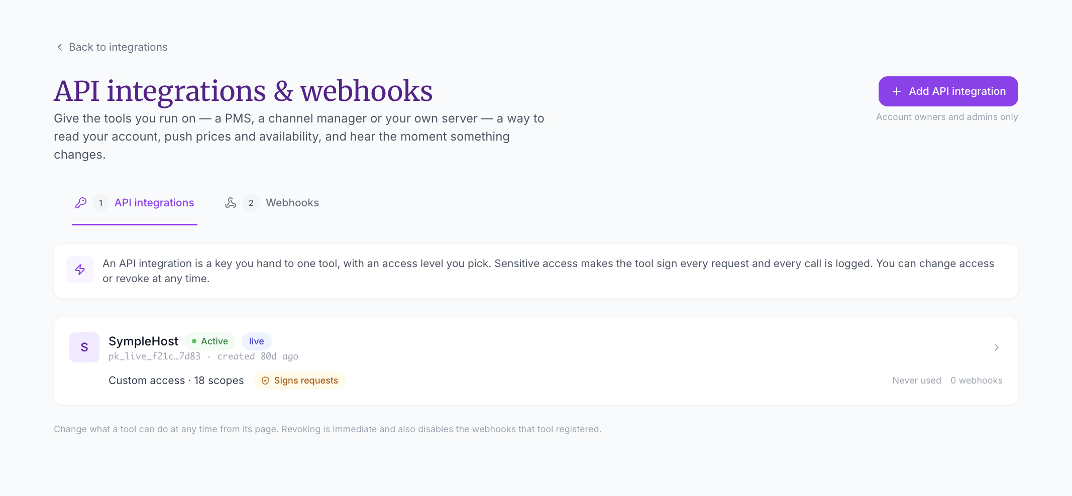 API integrations and webhooks page showing the API Integrations and Webhooks tabs