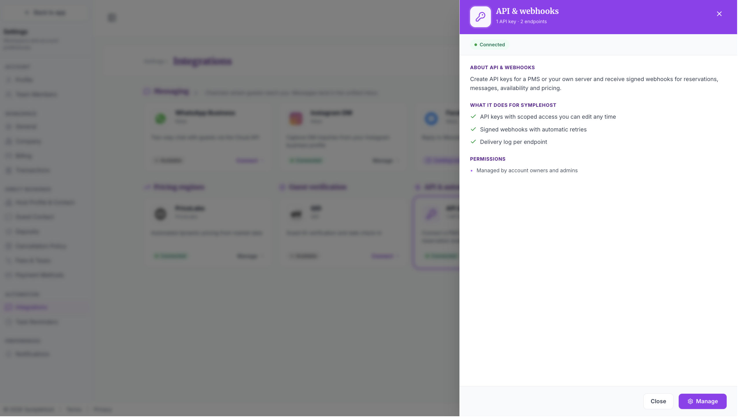 API and webhooks integration drawer showing permissions and supported capabilities