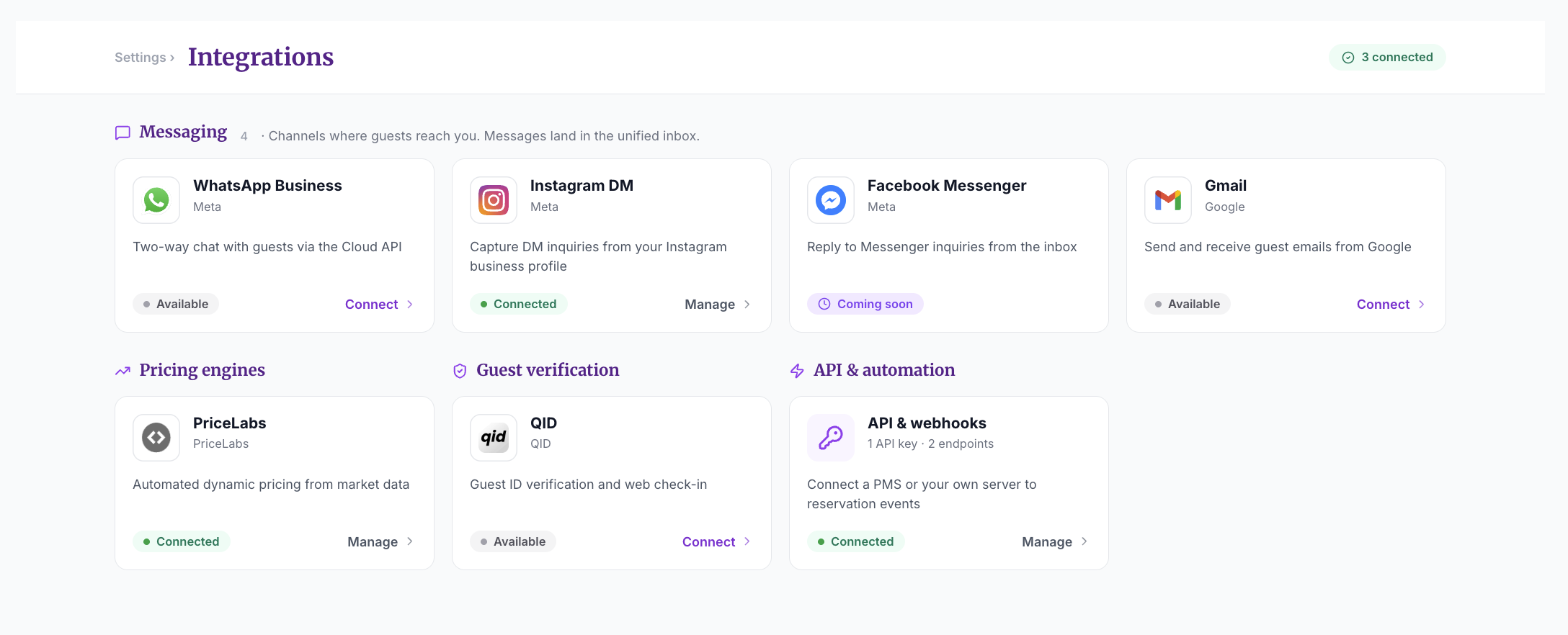SympleHost Integrations page showing the API and webhooks card under API and automation
