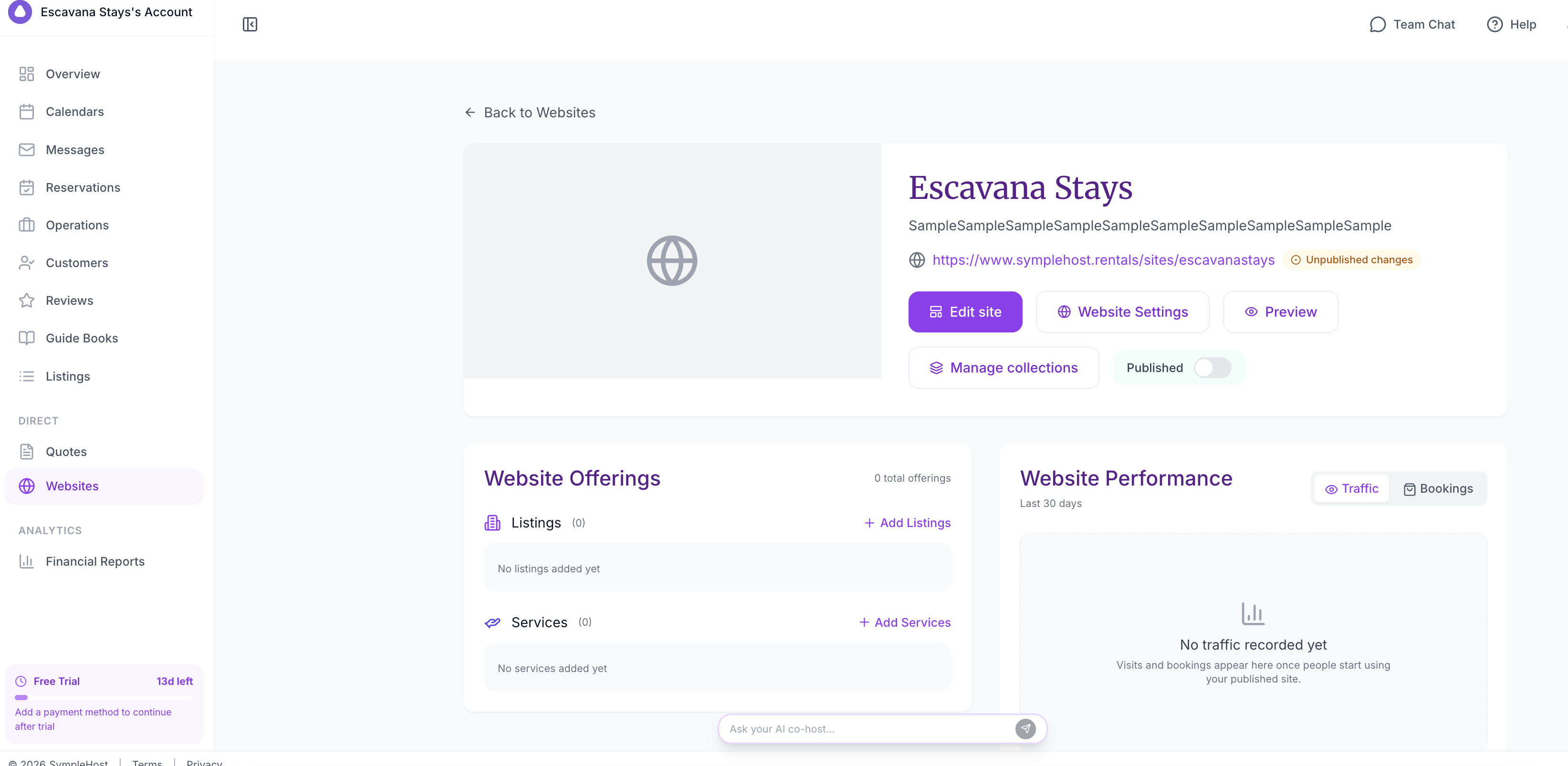 The Websites module in the SympleHost sidebar with a website dashboard showing edit, settings, preview, offerings, and performance areas