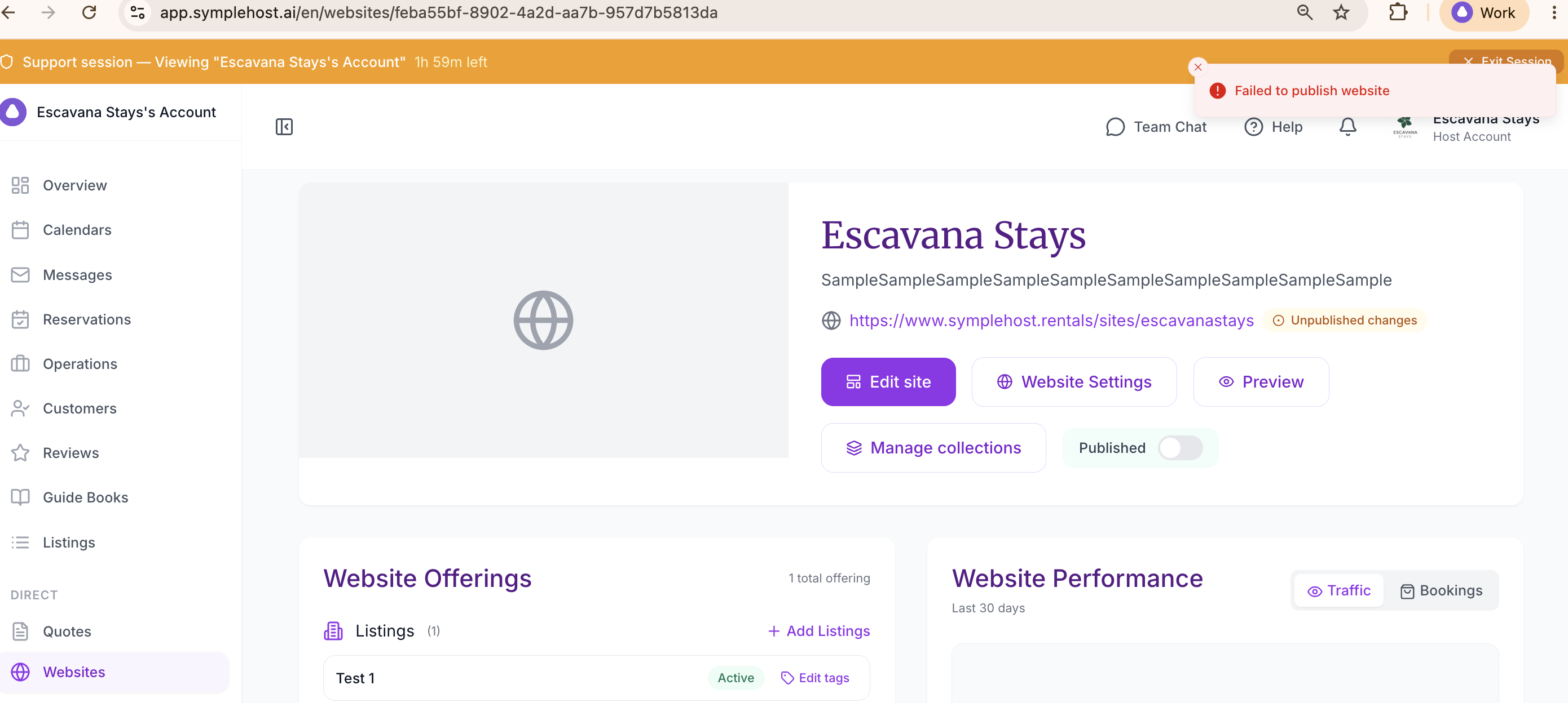 The Websites dashboard showing website offerings and performance tracking for a published direct booking site
