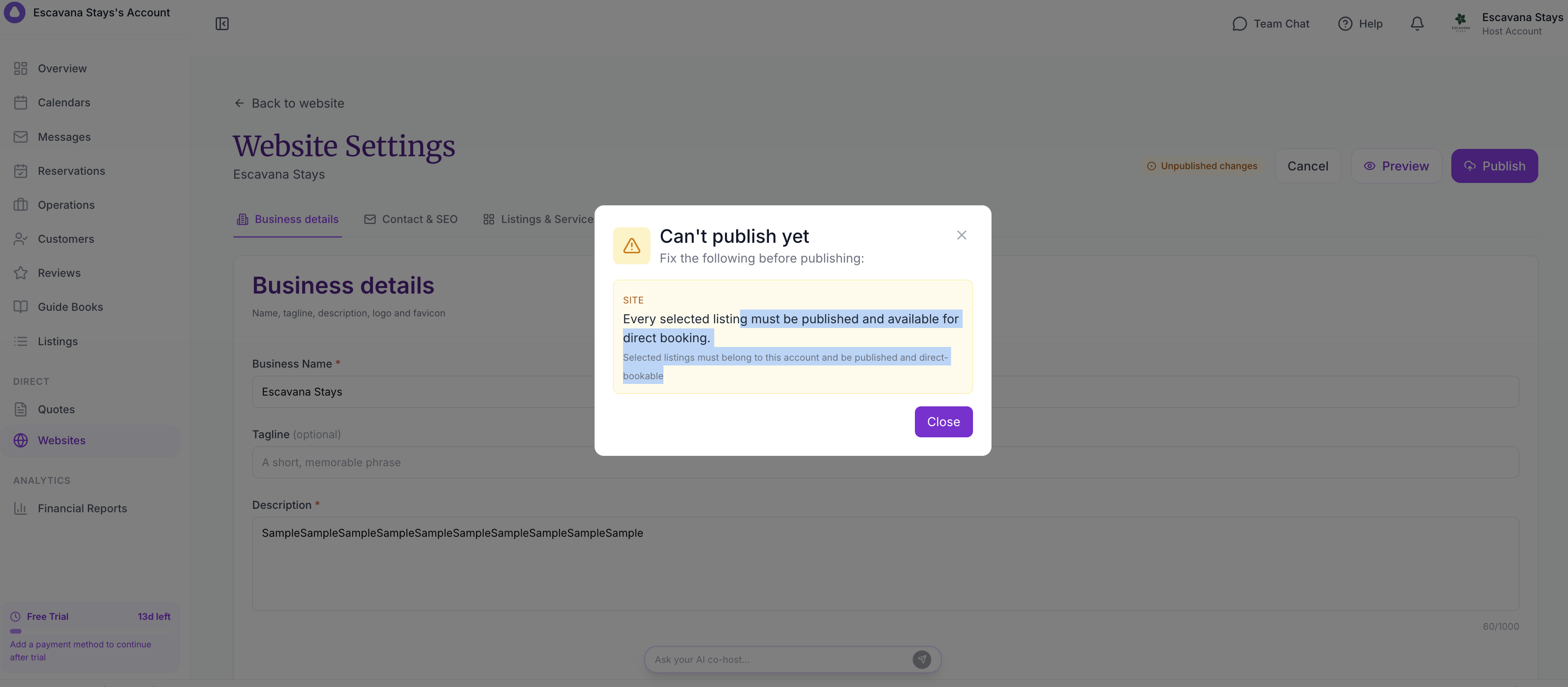 A website settings screen showing a publish warning that selected listings must be published and available for direct booking