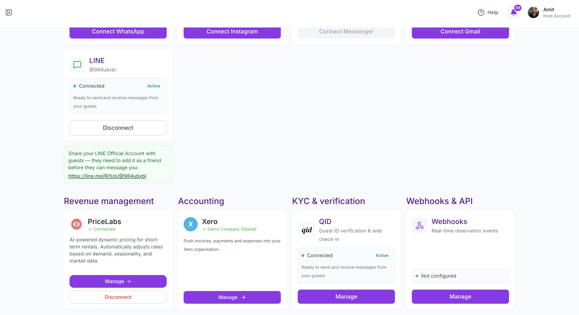 SympleHost Integrations page showing the Xero card under Accounting, with a Manage button once connected
