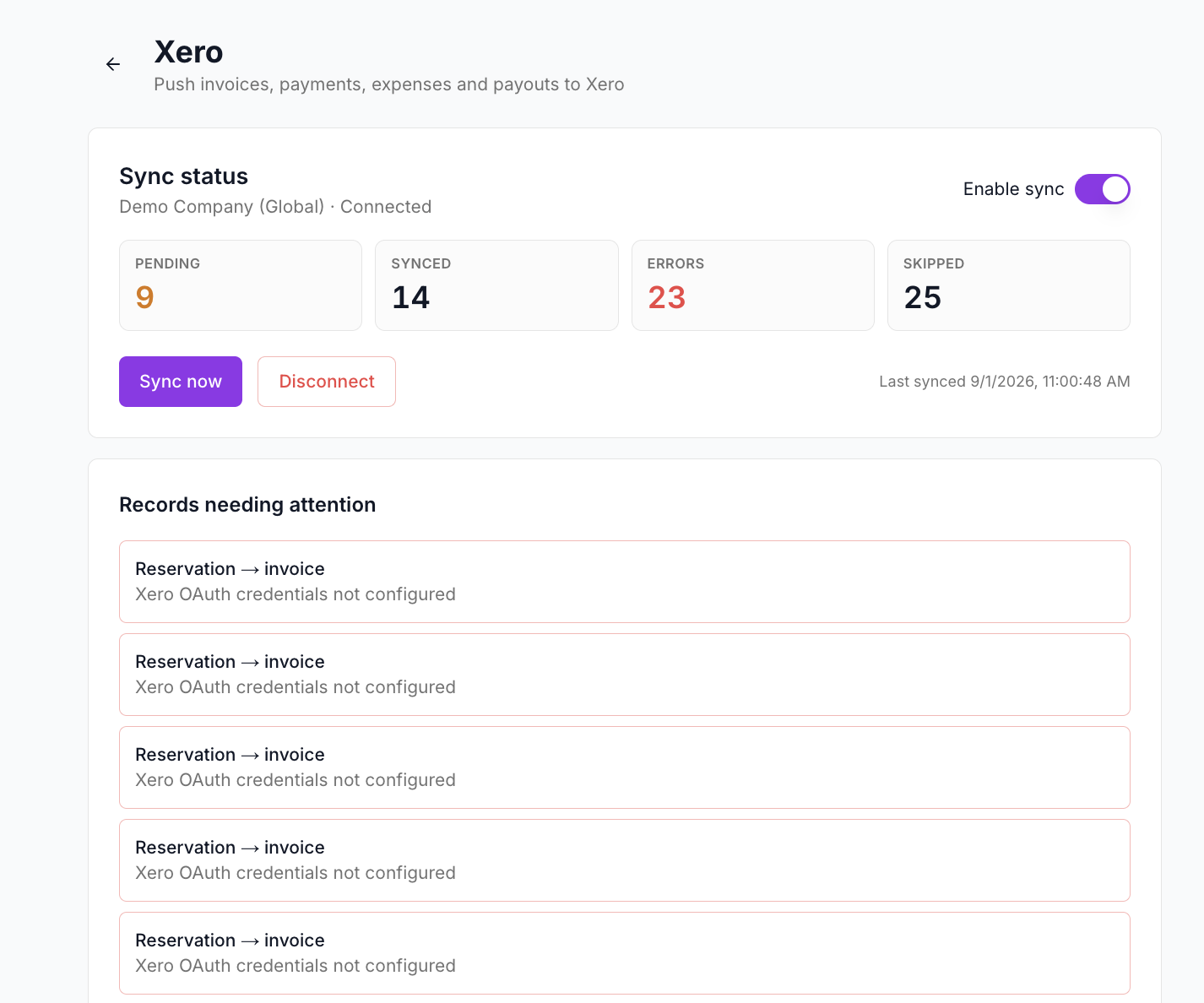 Xero sync status page showing pending, synced, error, and skipped records, plus Enable sync, Sync now, and Disconnect actions