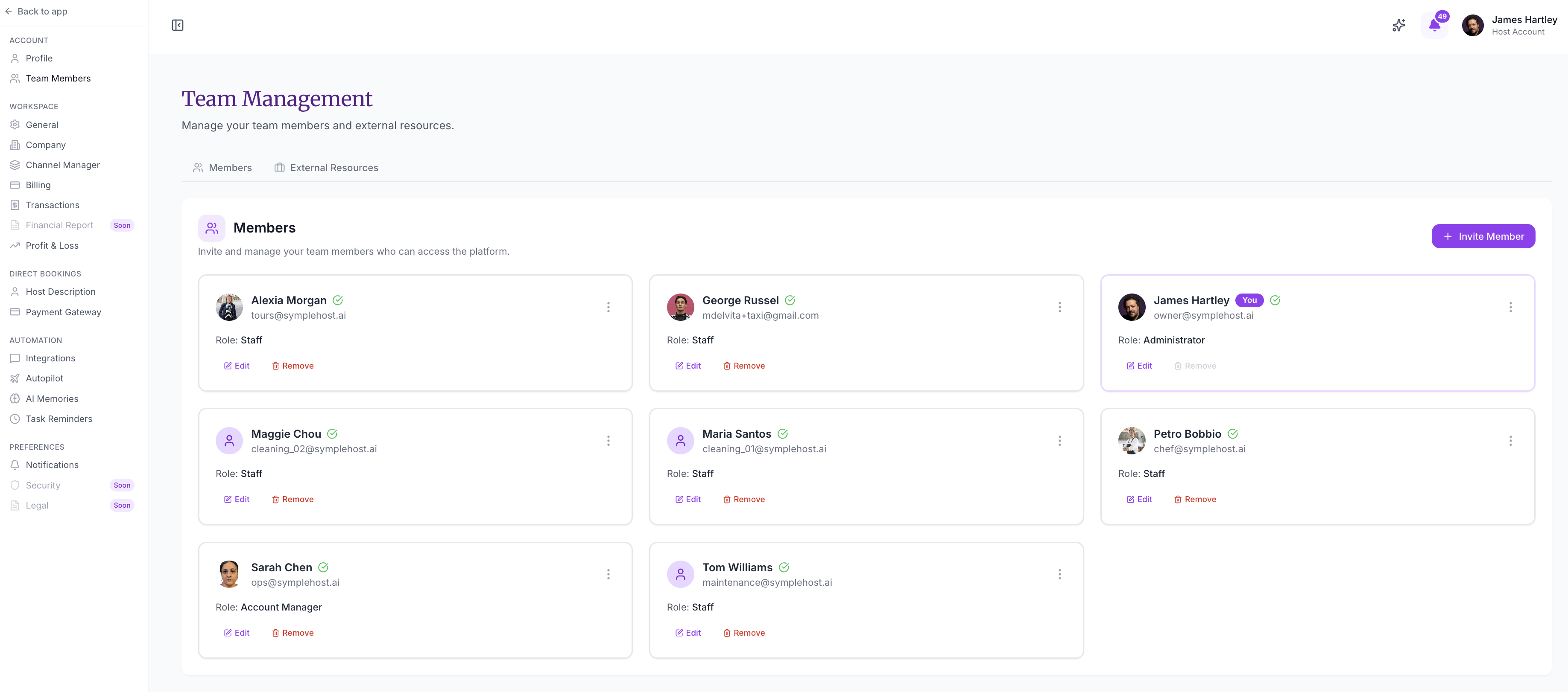 Team Management members list