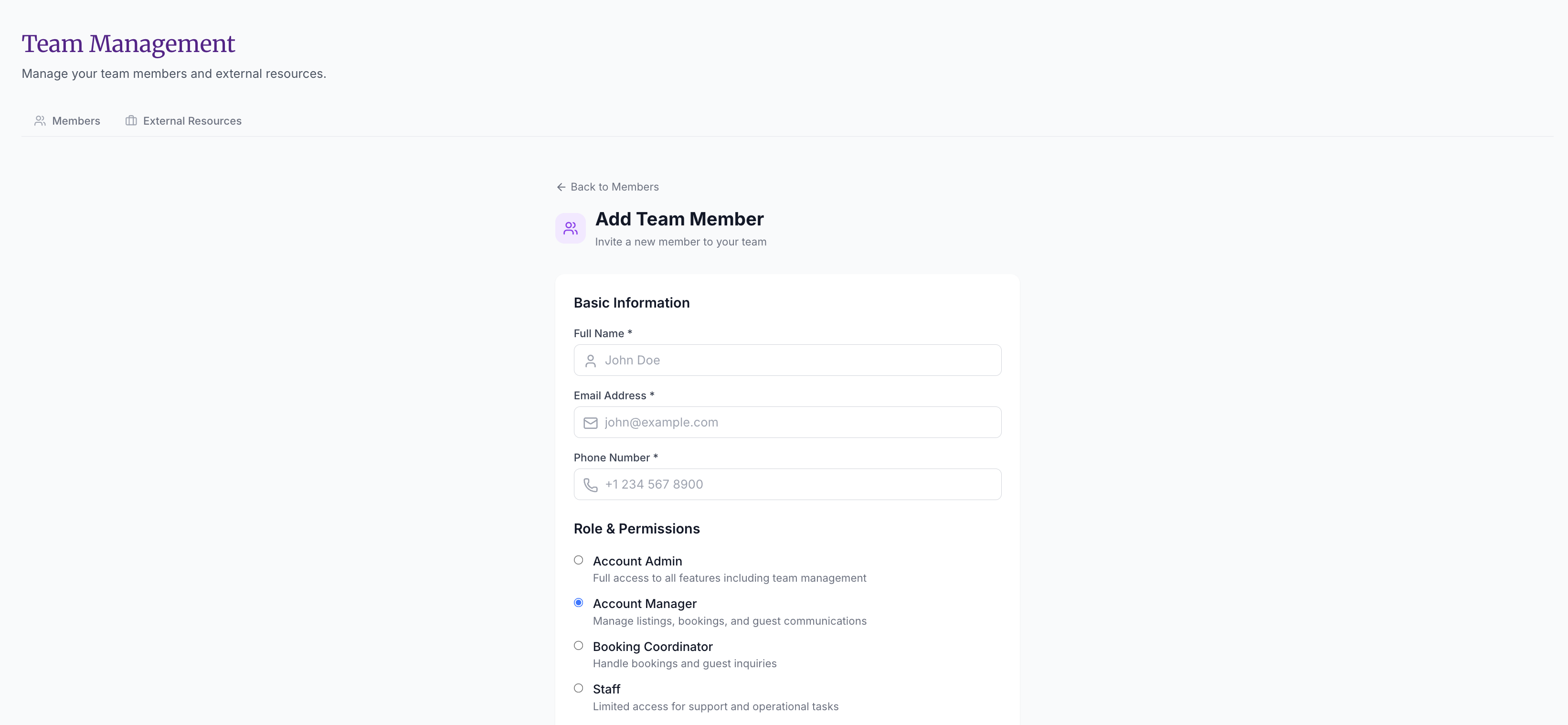 Add Team Member form with basic info and role selection