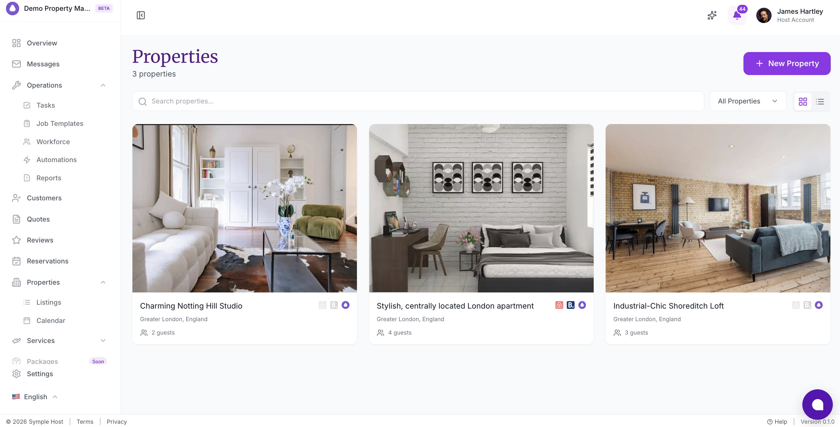 Properties page showing existing listings and the + New Property button