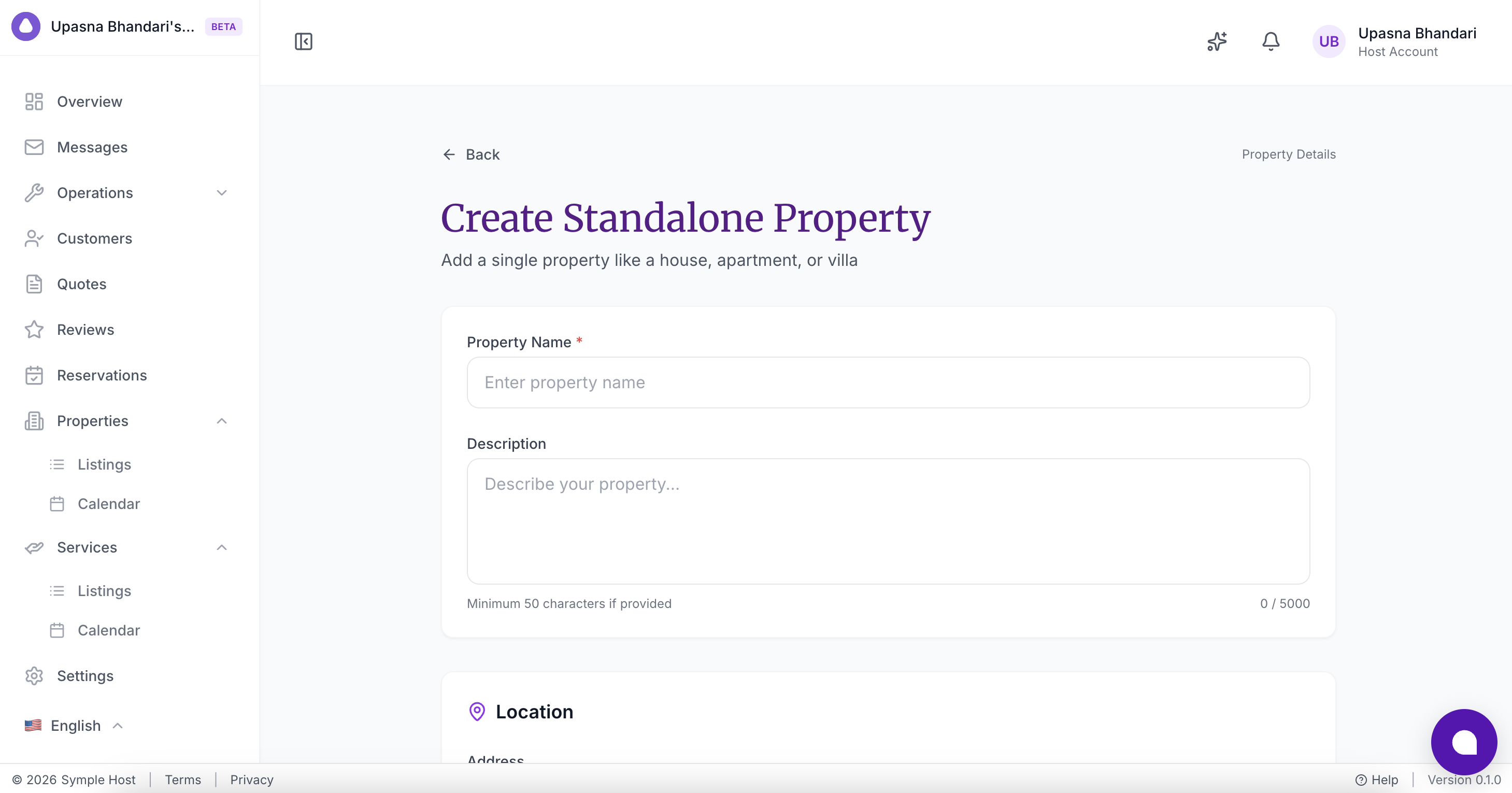 Create Standalone Property form with name and description fields