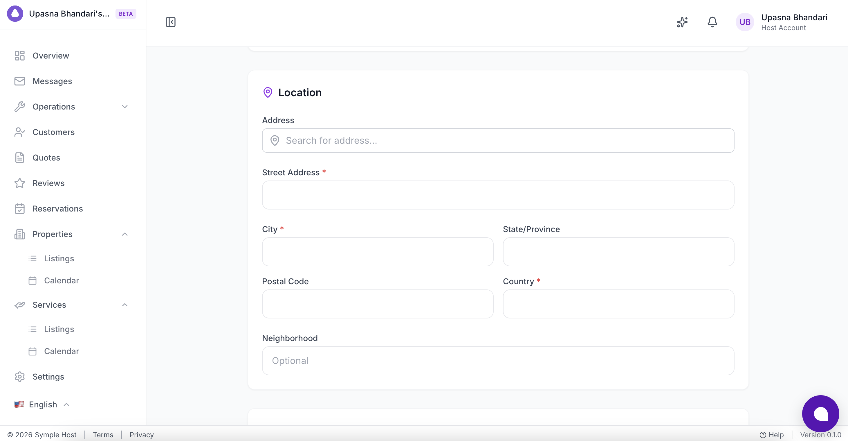 Location section with address fields