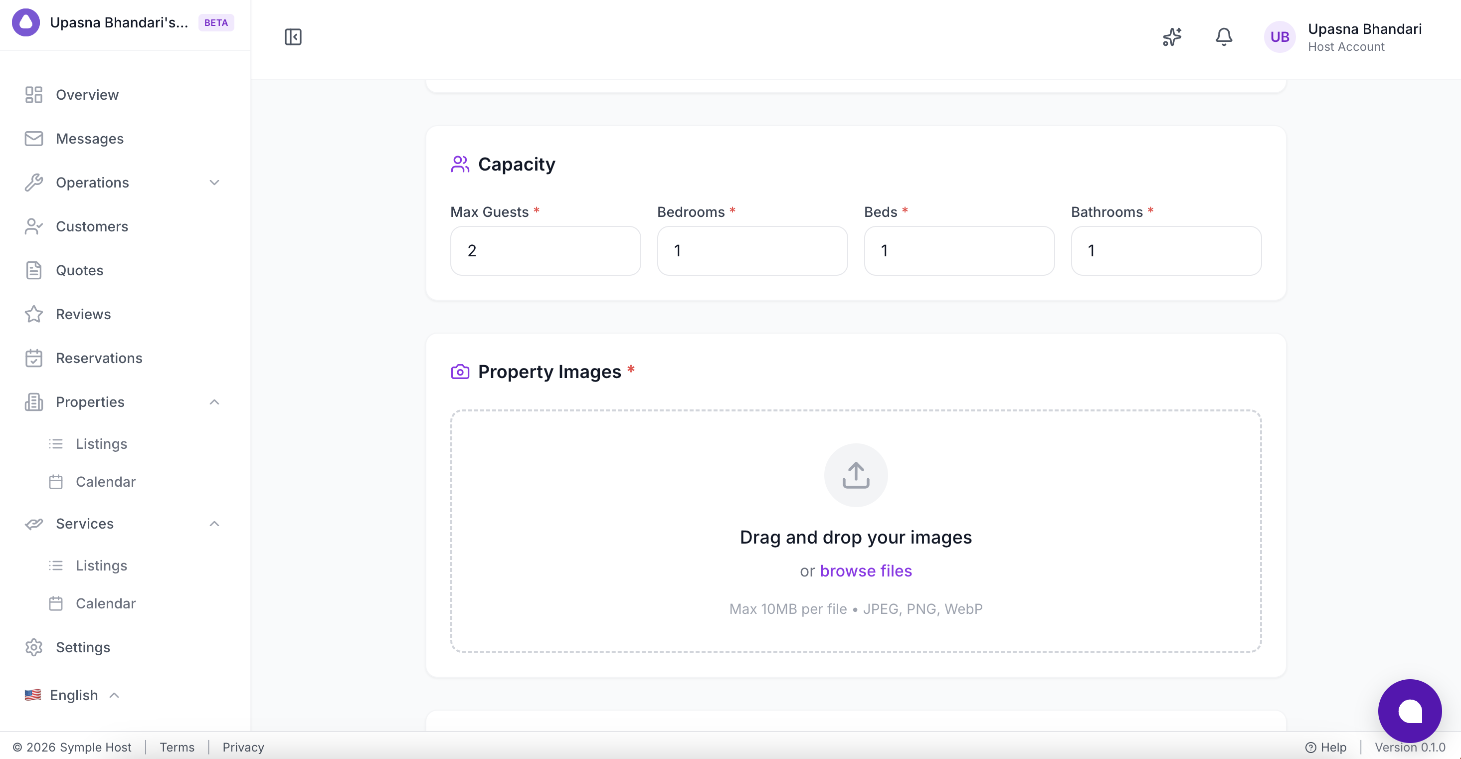 Capacity fields and image upload area
