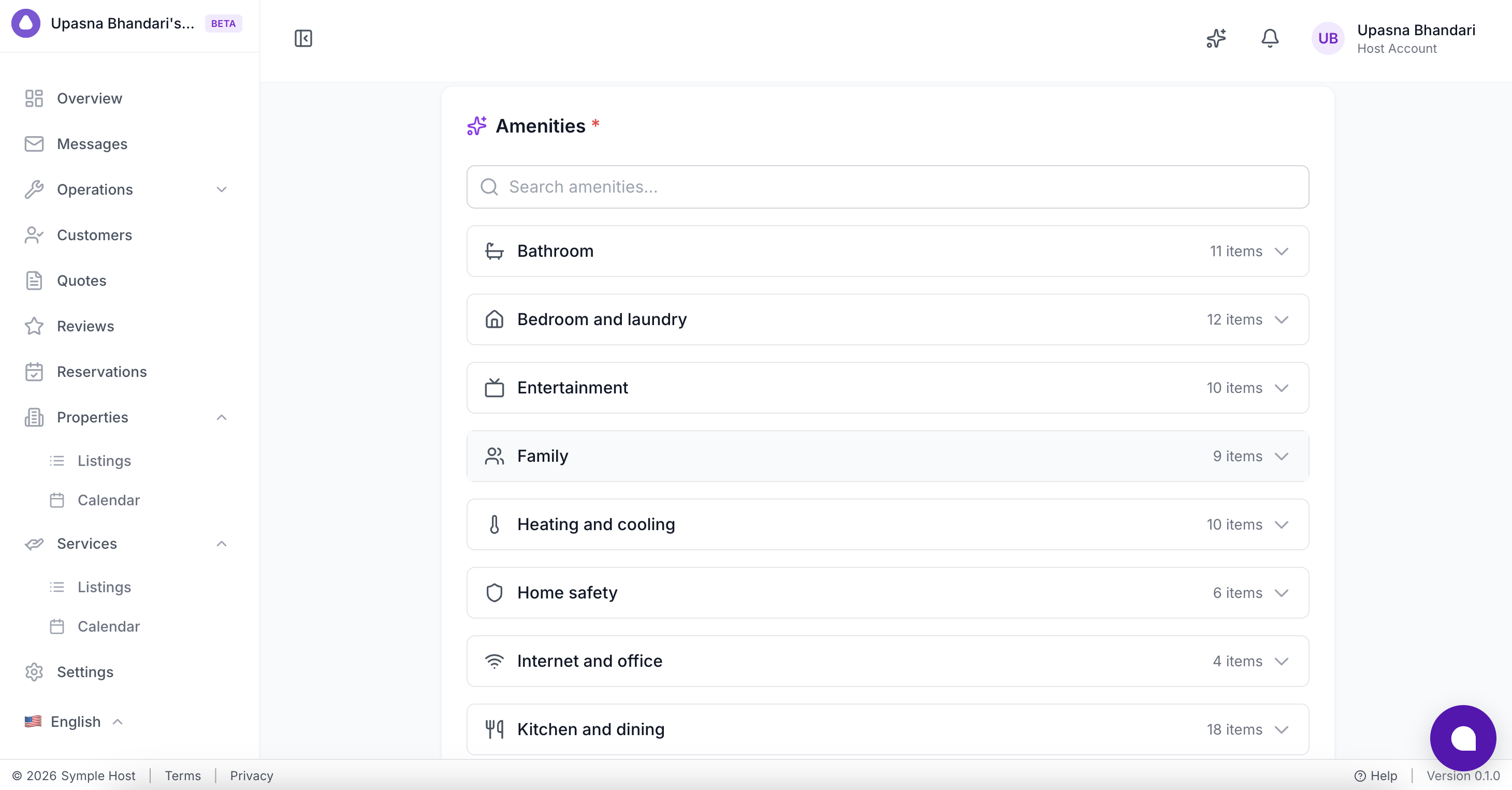 Amenities selection with expandable categories