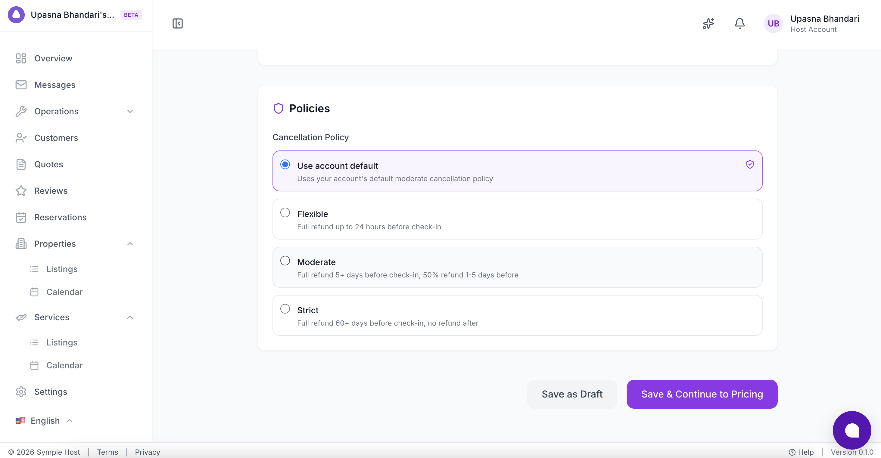 Cancellation policy options and save buttons