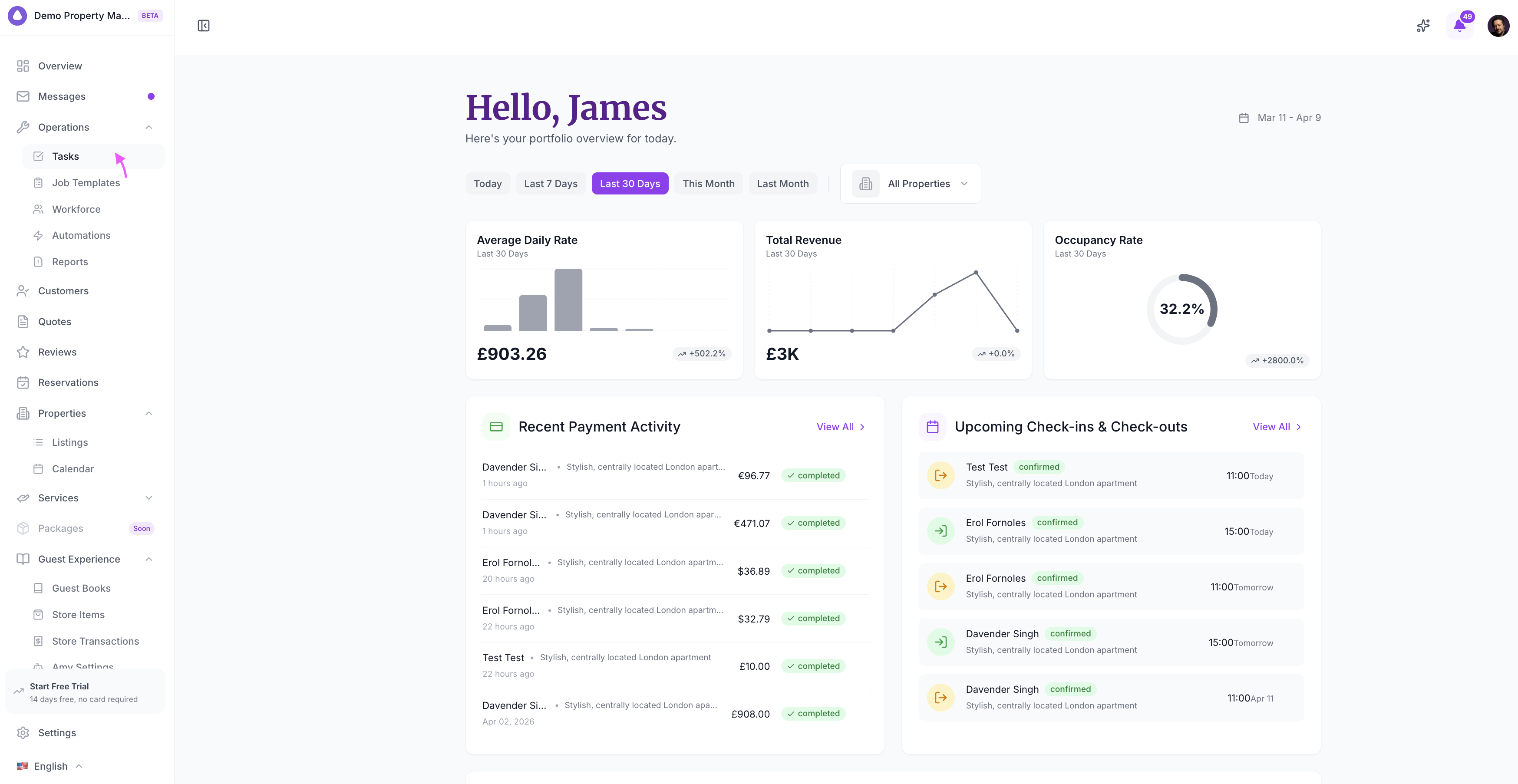Sidebar with Operations expanded and Tasks highlighted