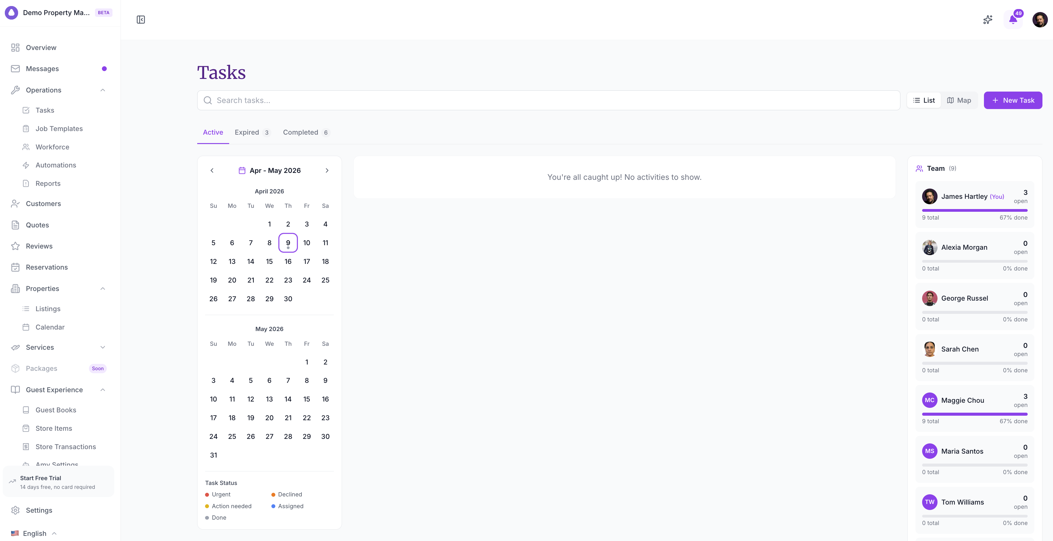Tasks page with calendar view and team members