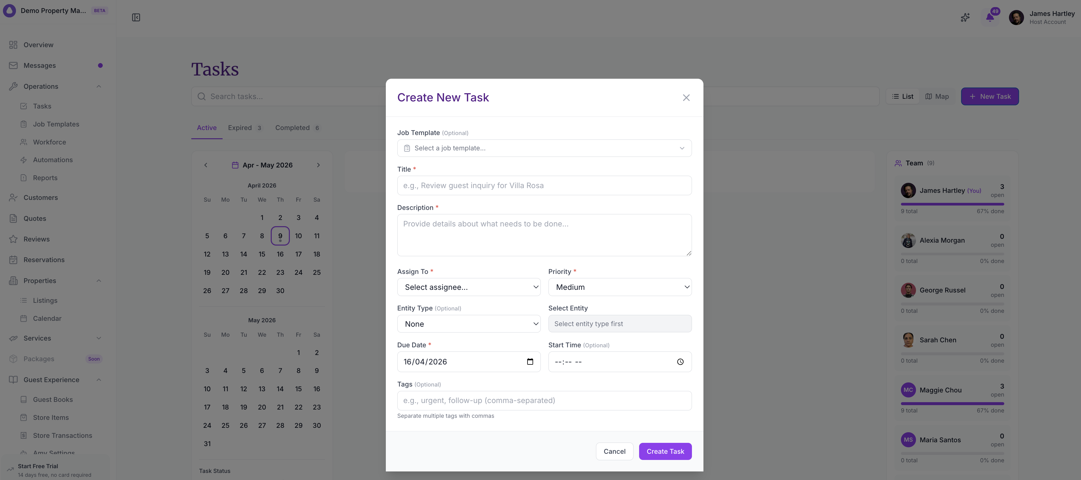 Create New Task modal with fields