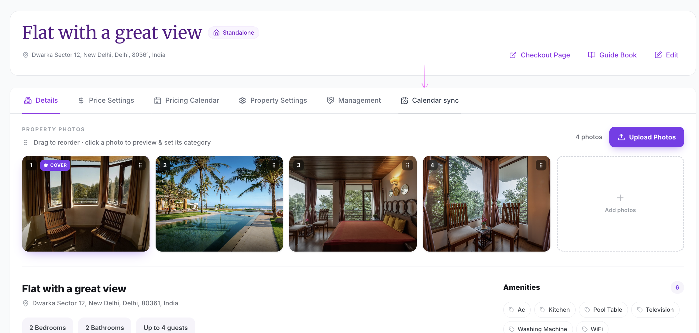 Property page showing the Details, Price Settings, Pricing Calendar, Property Settings, Management, and Calendar sync tabs, with an arrow pointing to Calendar sync
