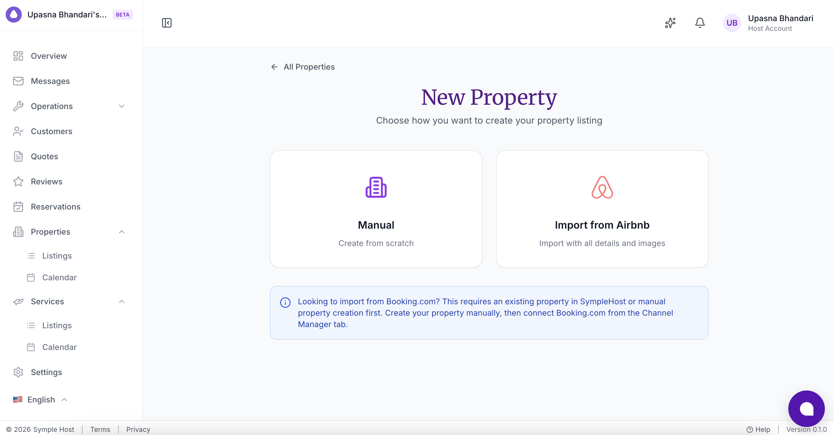 New Property screen showing Manual and Import from Airbnb options