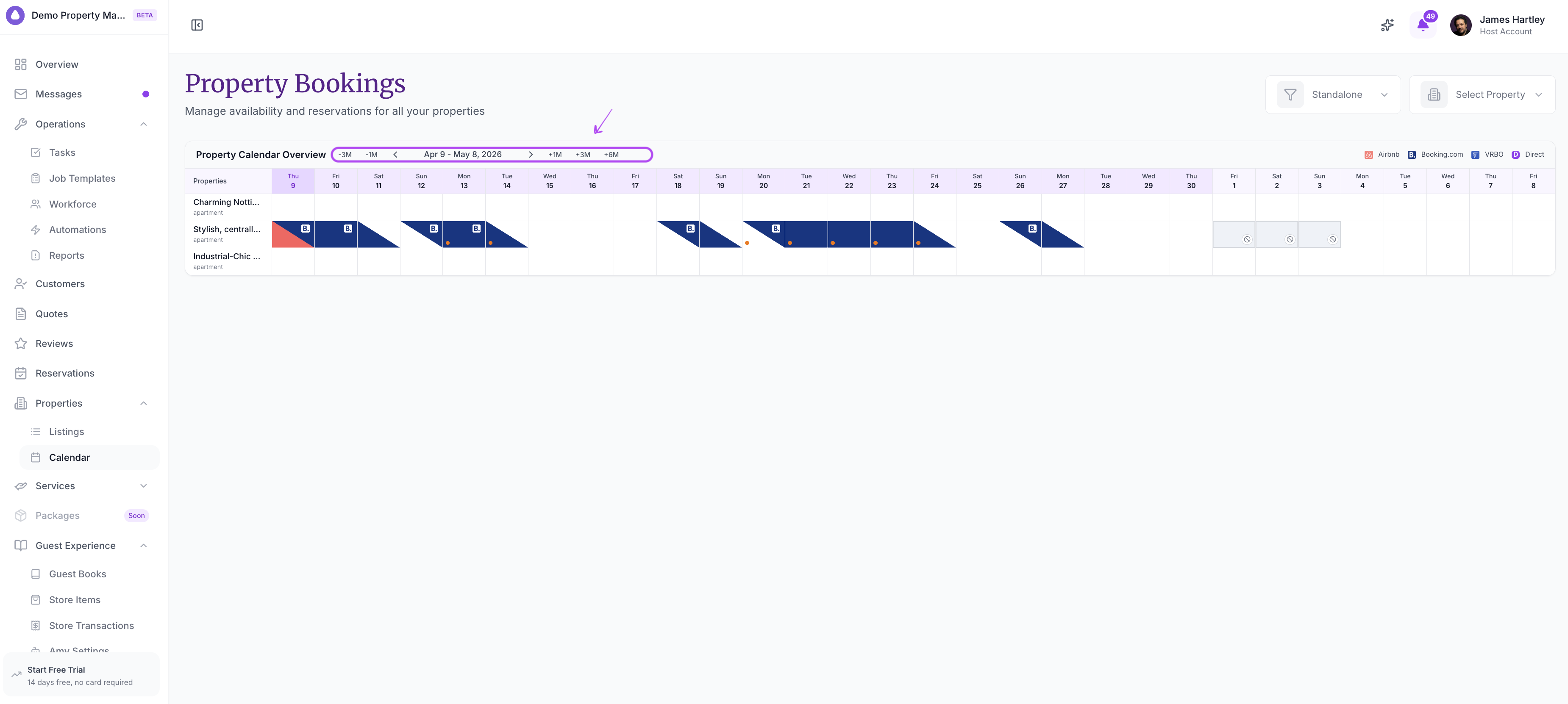 Property Calendar Overview with color-coded bookings