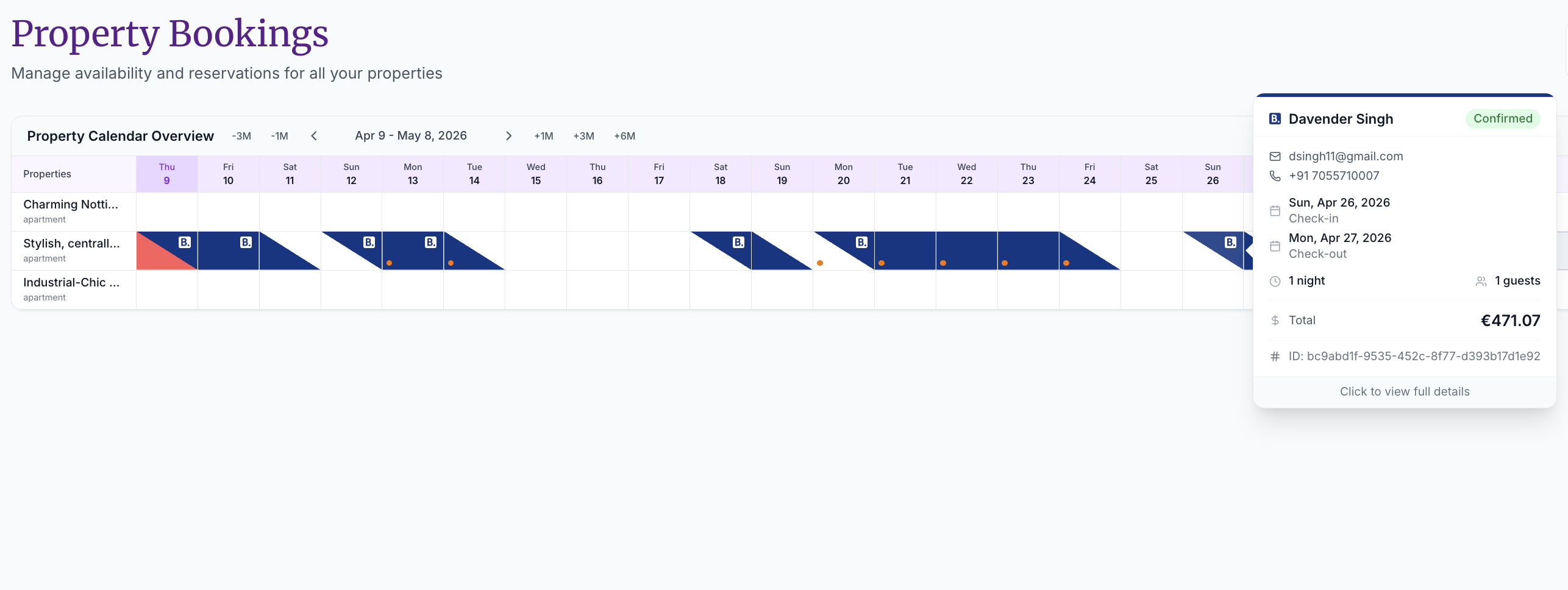 Calendar with booking detail popup