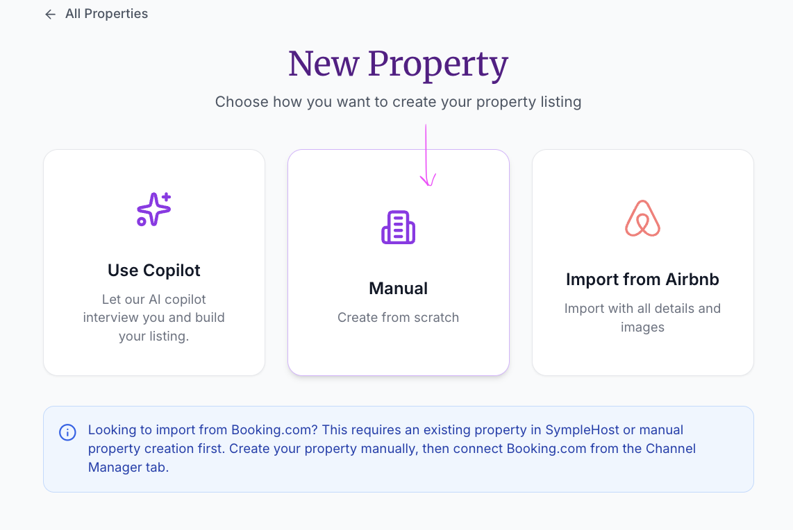 The New Property screen with Manual selected to create a listing from scratch