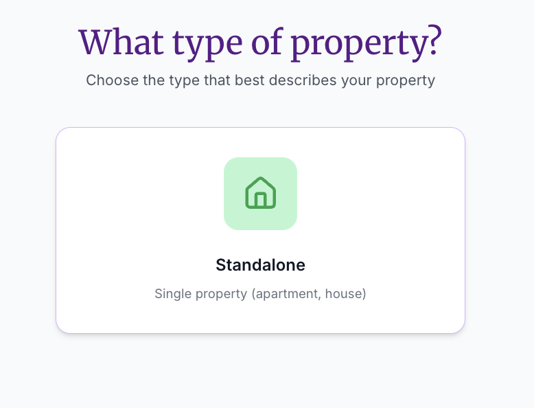 Property type selection showing only the Standalone option