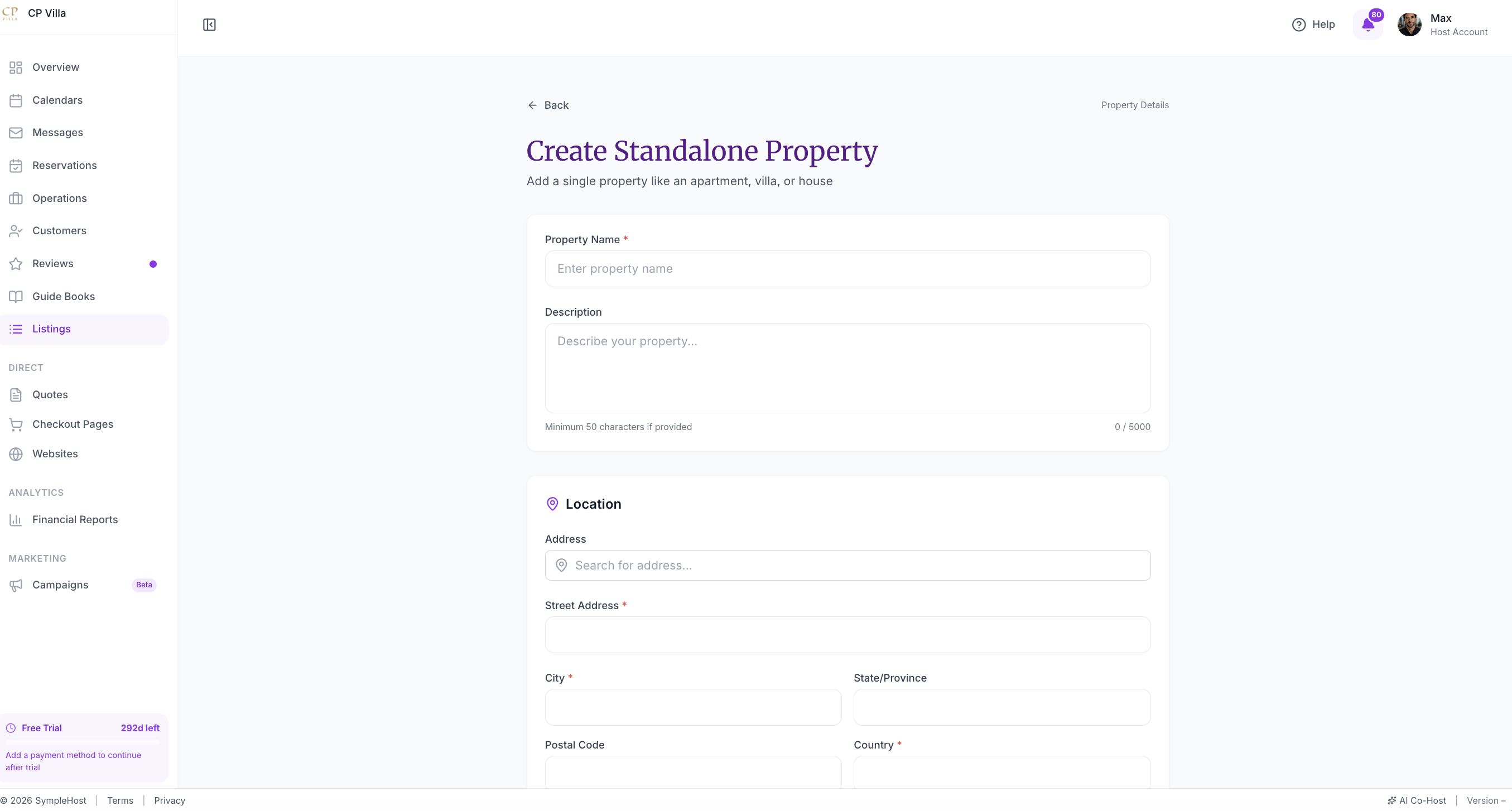 The Create Standalone Property form with property details and location fields