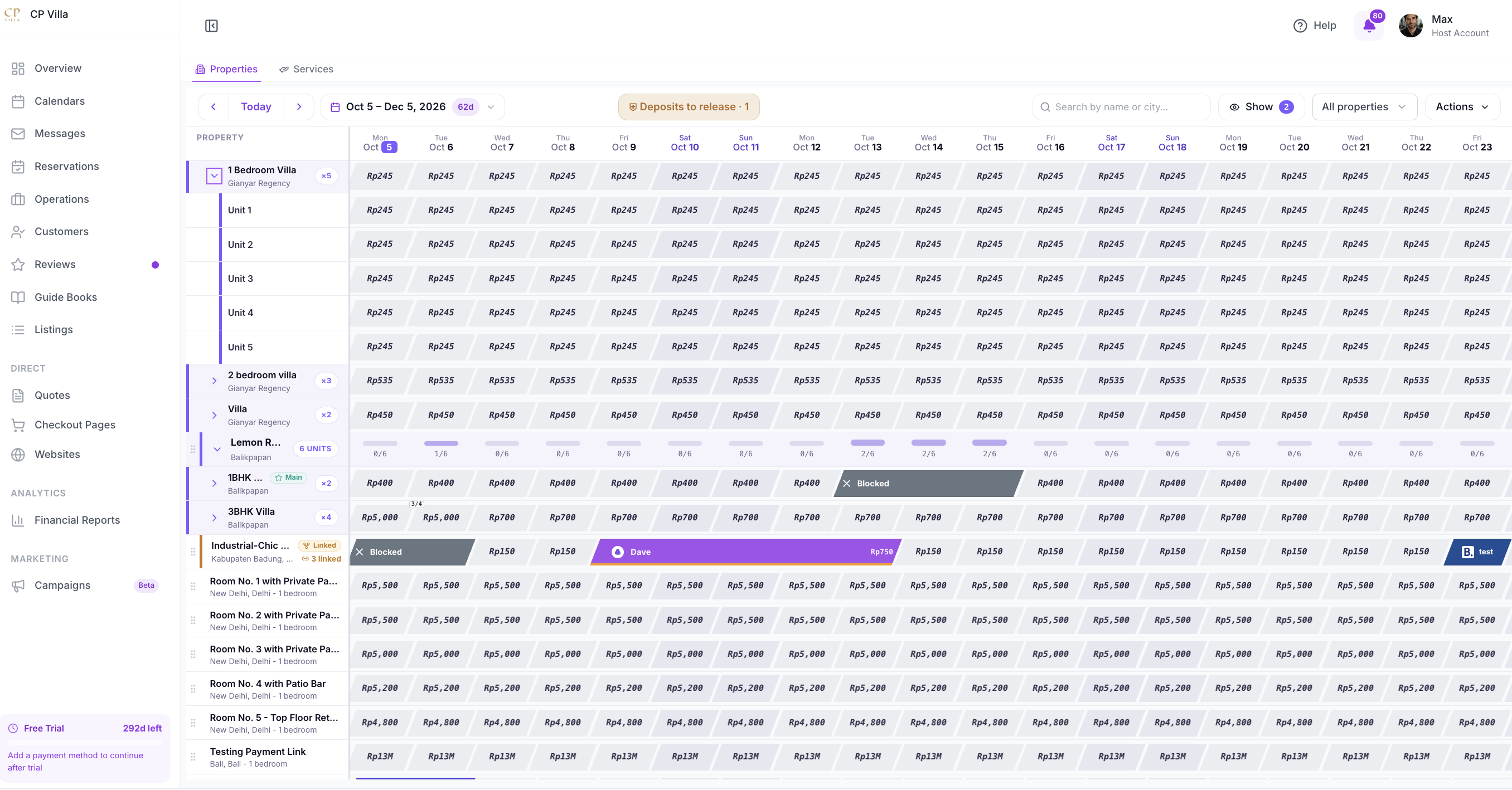 Calendar showing unit lanes, xN badges, UNITS badges, and availability ratios like 0/6