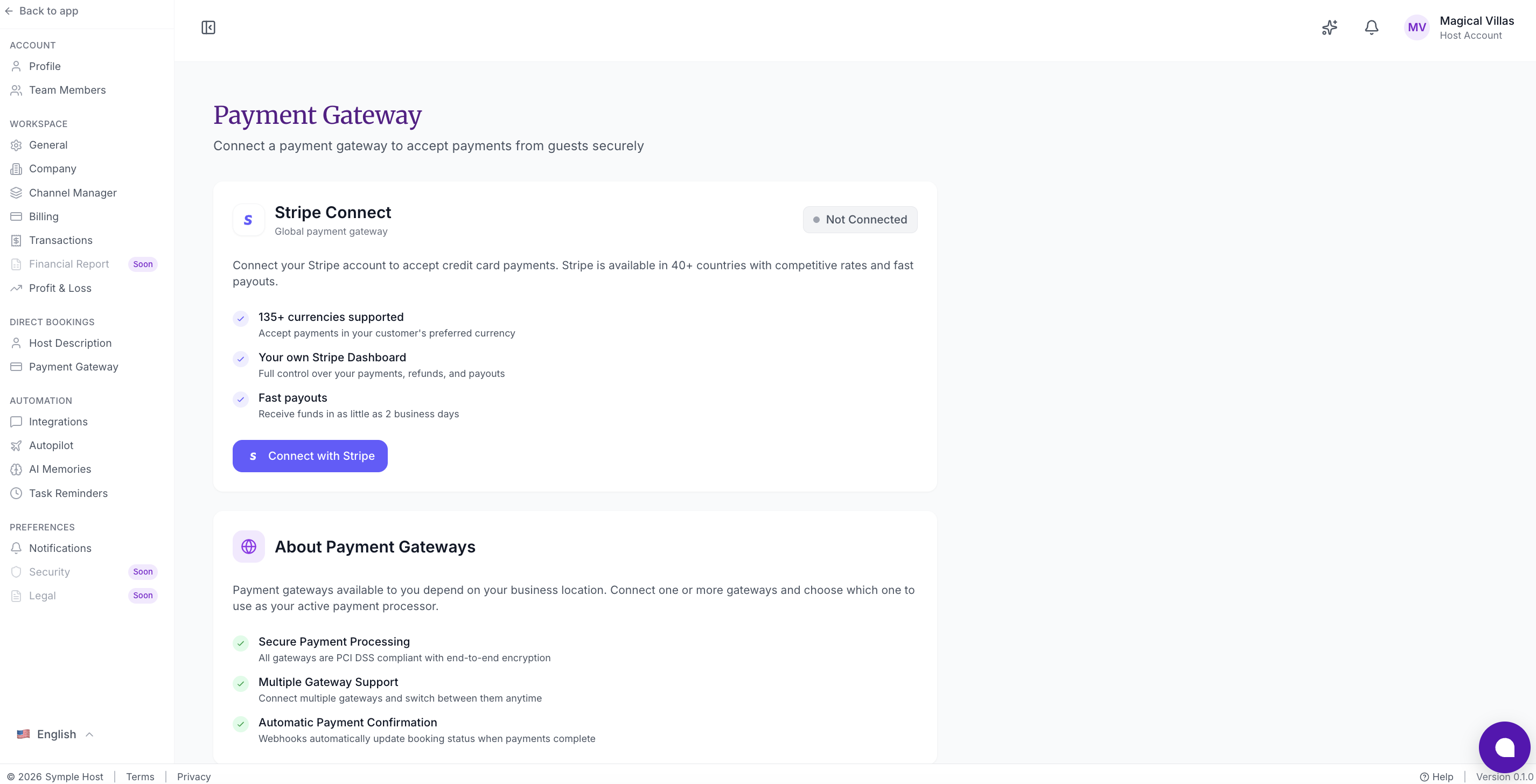 Payment Gateway page with Stripe Connect card