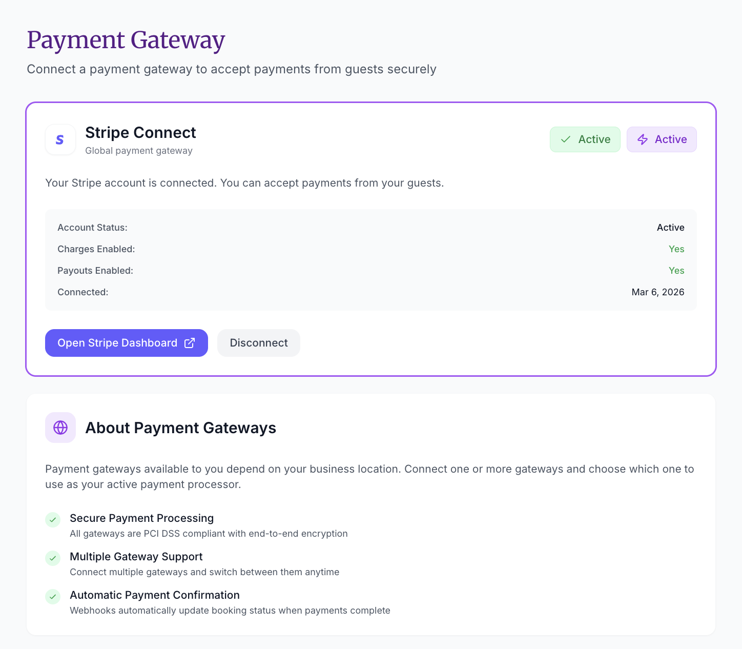 Stripe connected with Active status