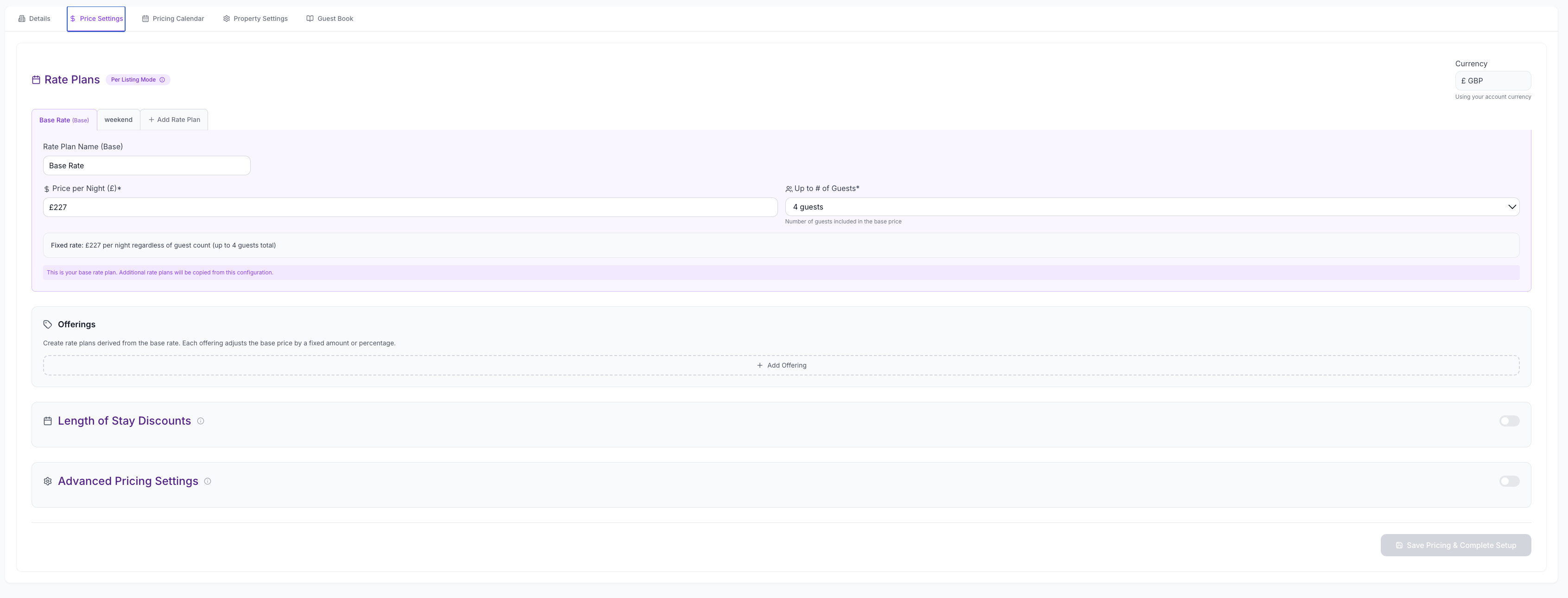 Price Settings tab with Base Rate