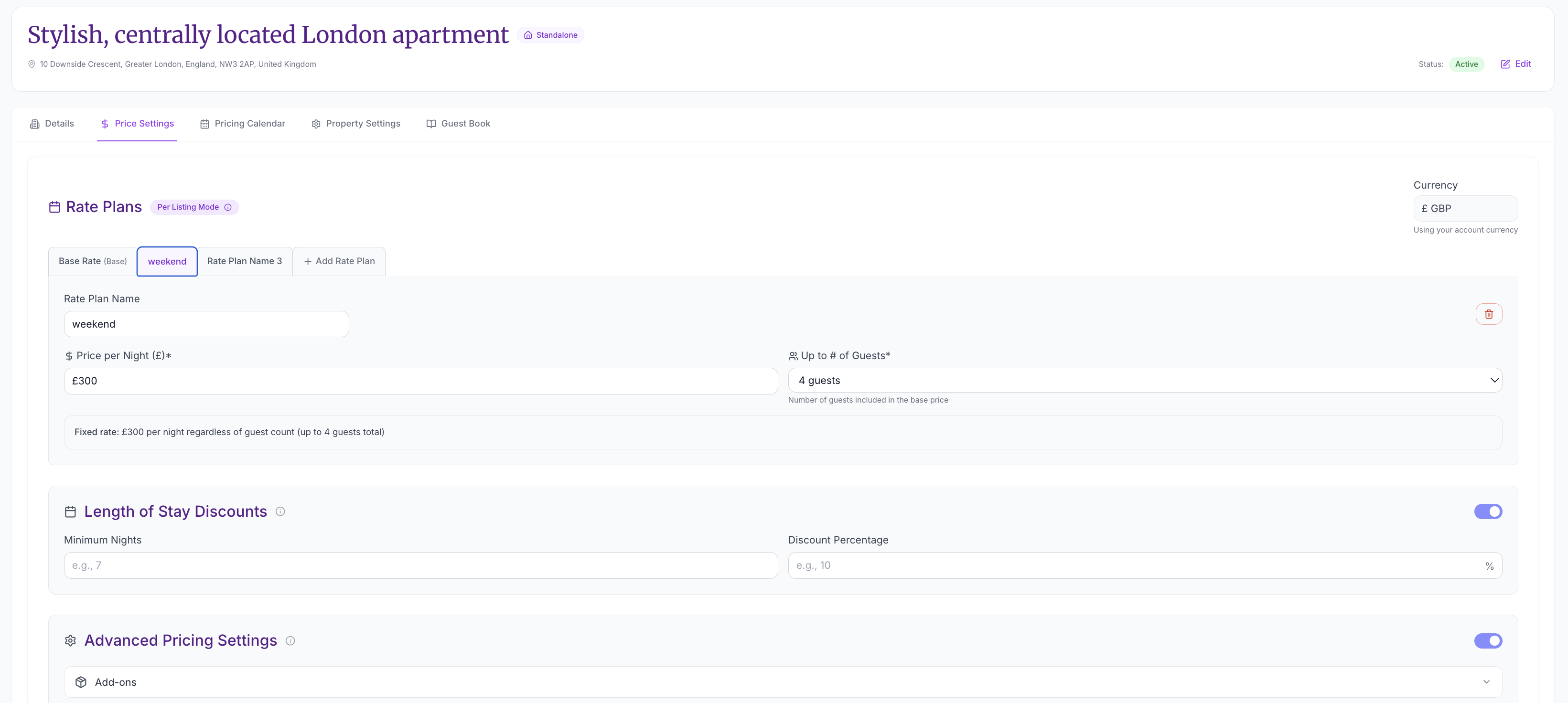 Rate Plans with weekend plan, length of stay discounts, and advanced settings