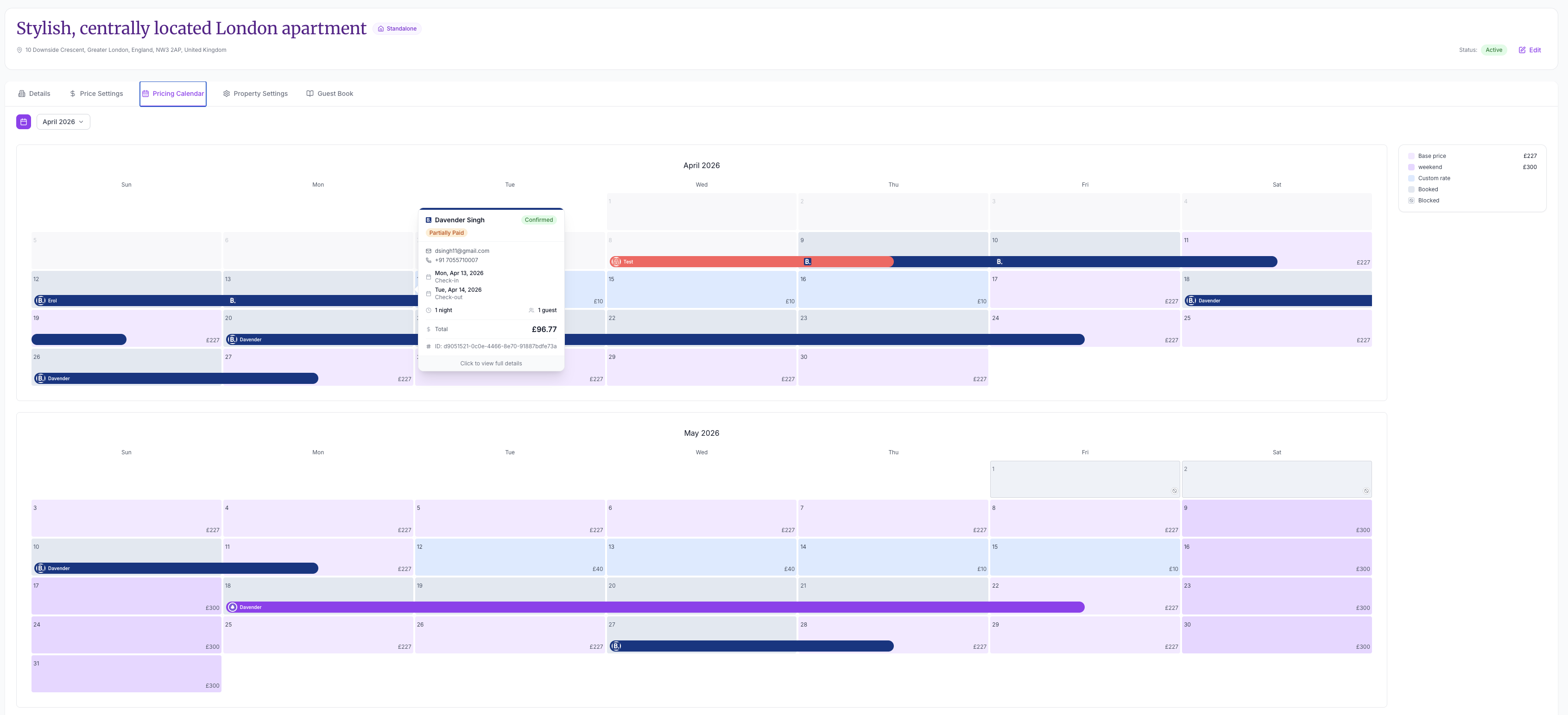 Pricing Calendar with bookings and rate plans